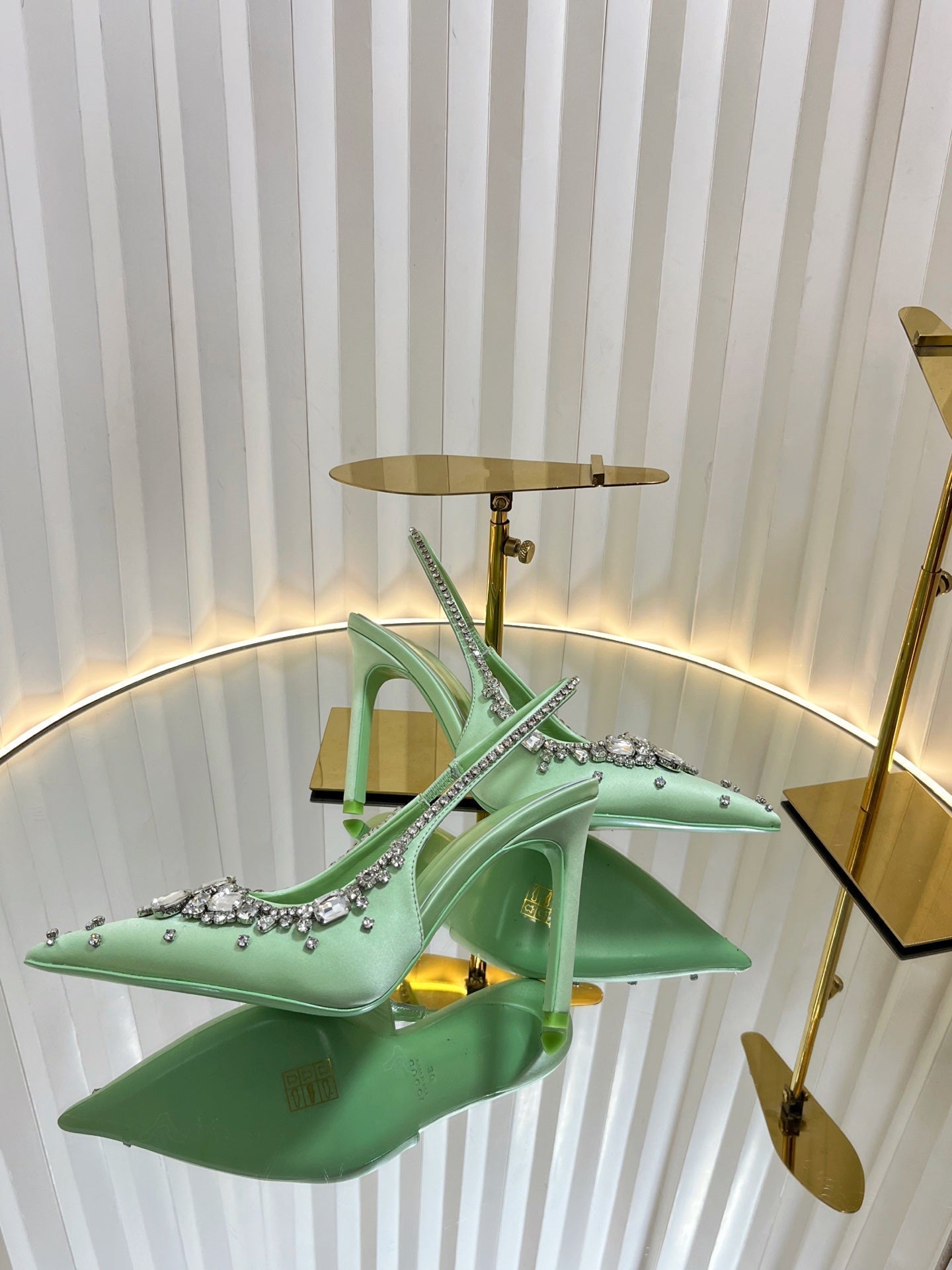 GC 2025 Crystal Embellished High Heels Slingbacks Green Silk Sheepskin 294525