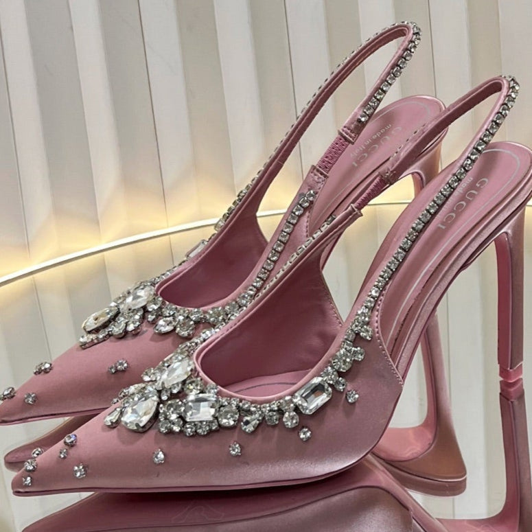 GC 2025 Crystal Embellished High Heels Slingbacks Pink Silk Sheepskin 294524
