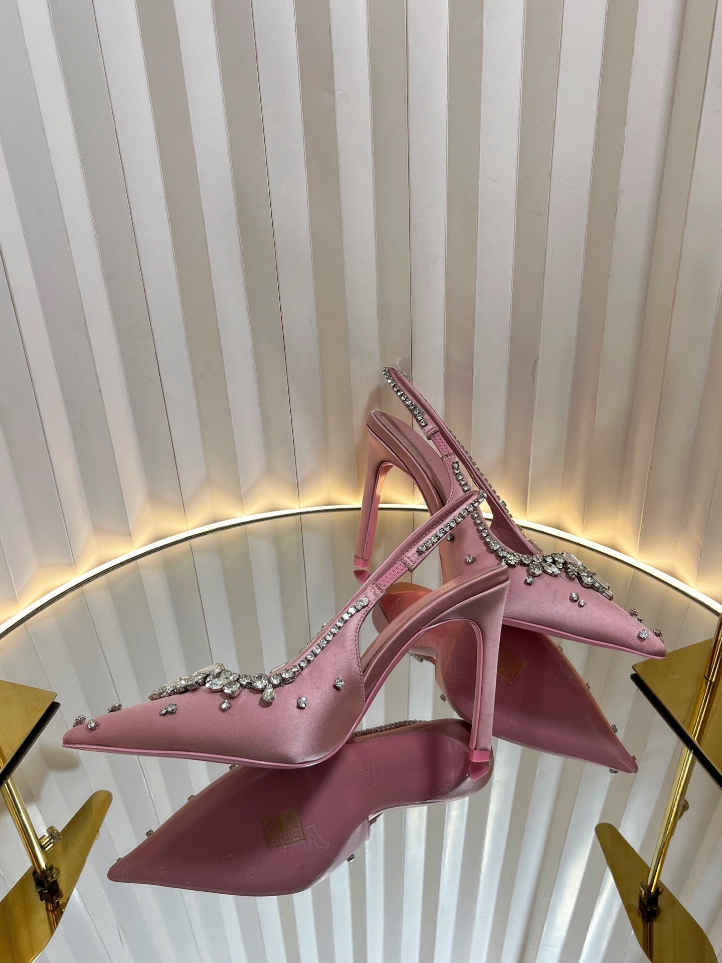 GC 2025 Crystal Embellished High Heels Slingbacks Pink Silk Sheepskin 294524