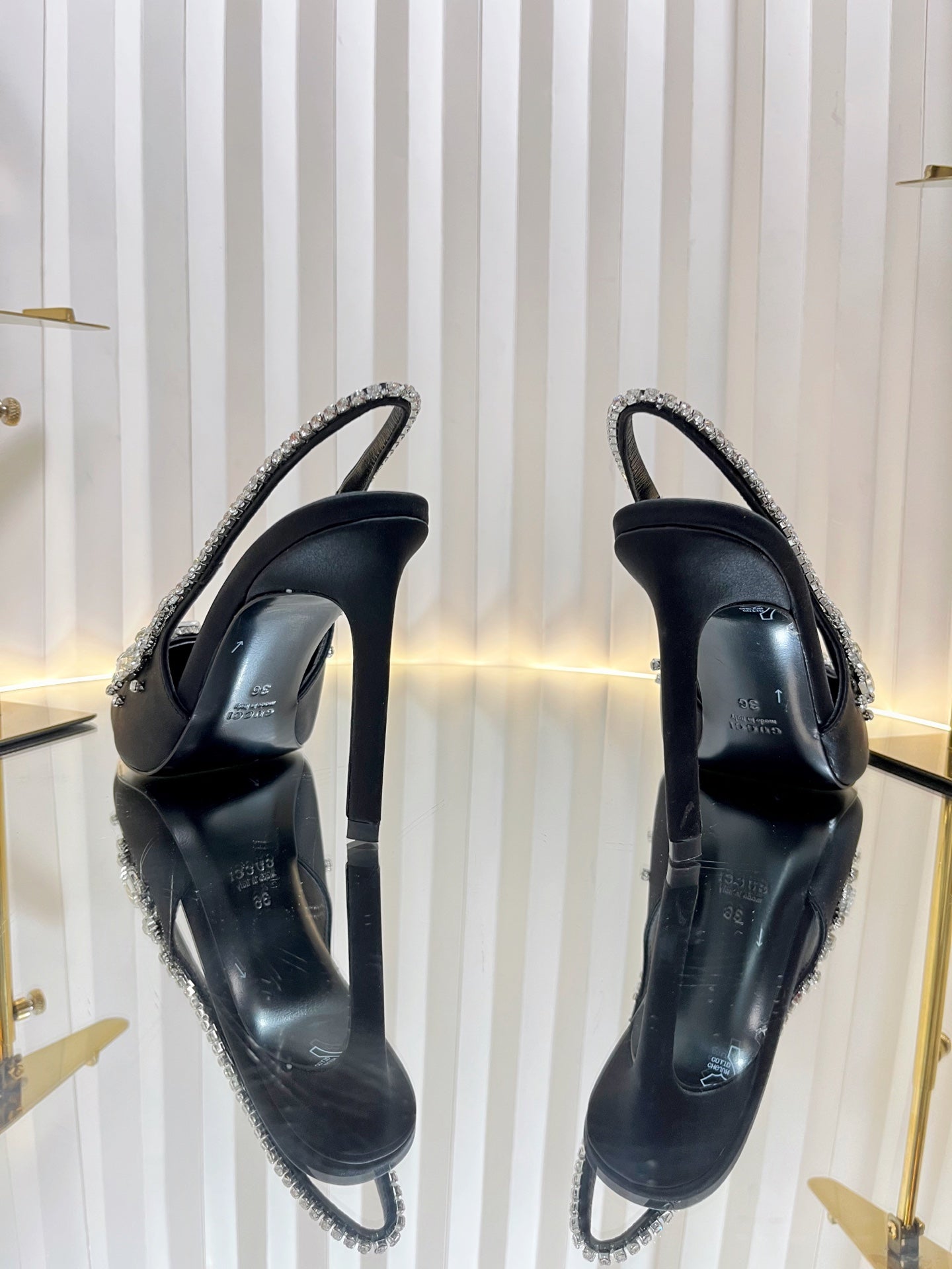 GC 2025 Crystal Embellished High Heels Slingbacks Black Silk Sheepskin 294523