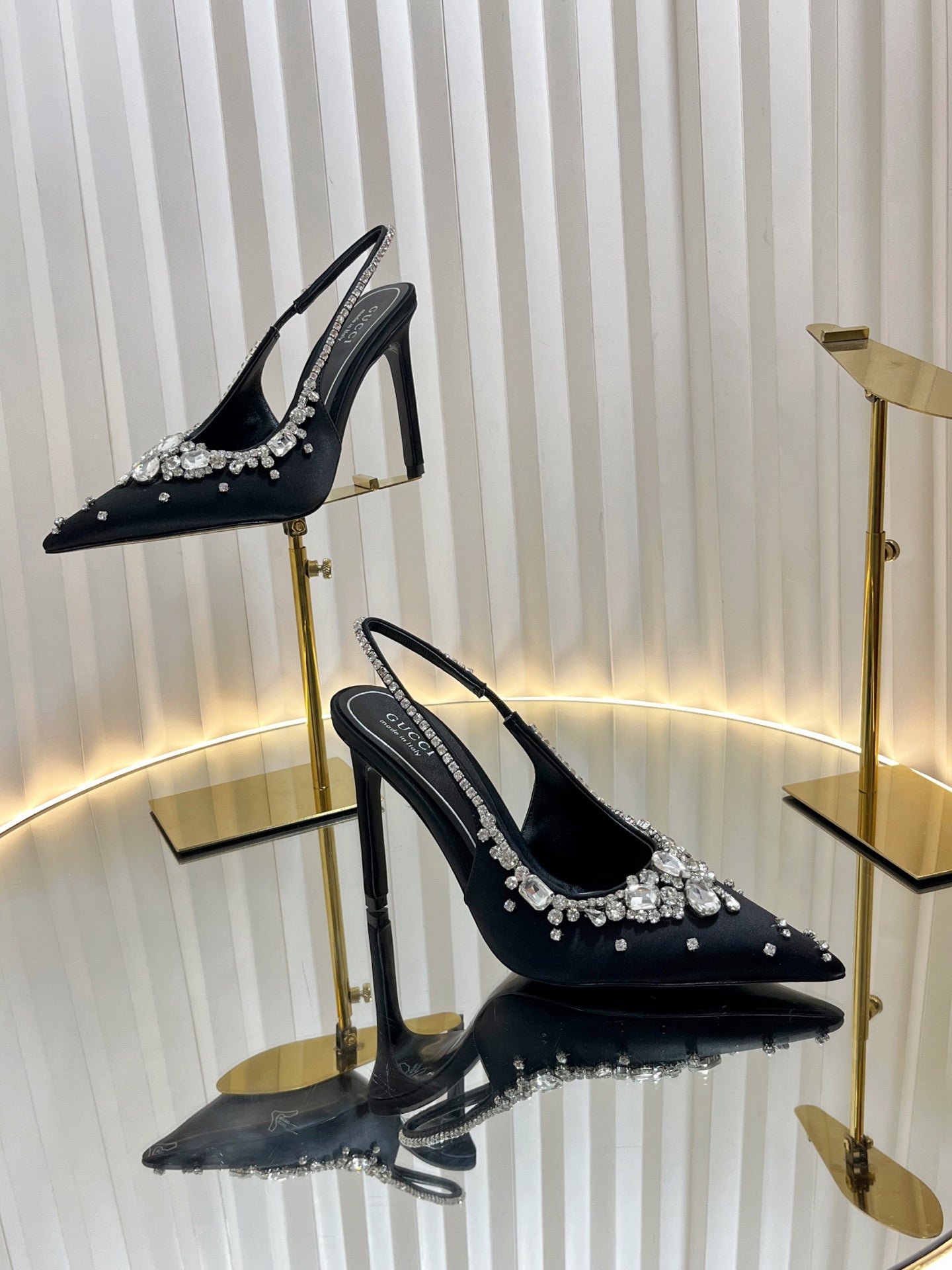 GC 2025 Crystal Embellished High Heels Slingbacks Black Silk Sheepskin 294523