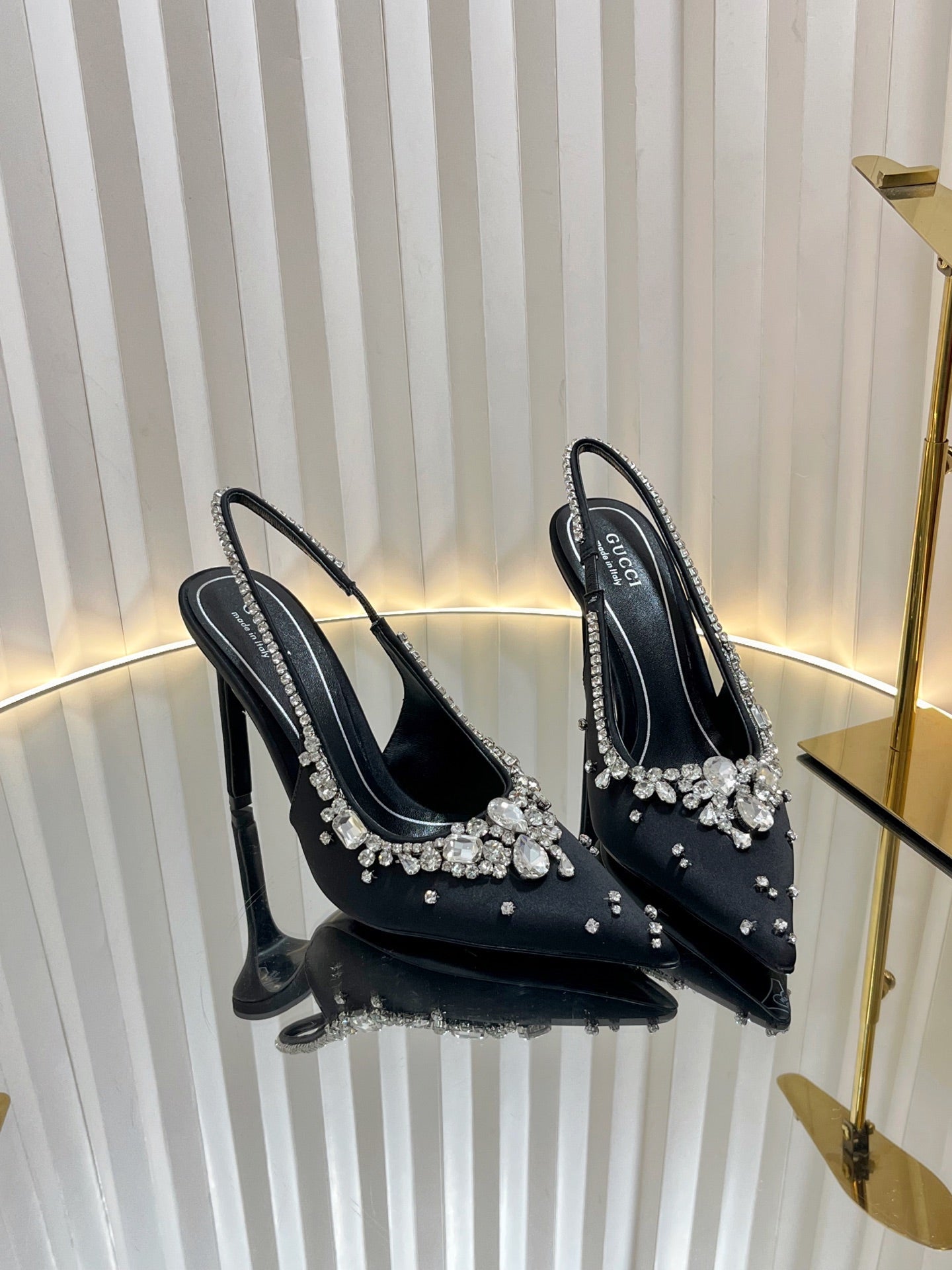 GC 2025 Crystal Embellished High Heels Slingbacks Black Silk Sheepskin 294523