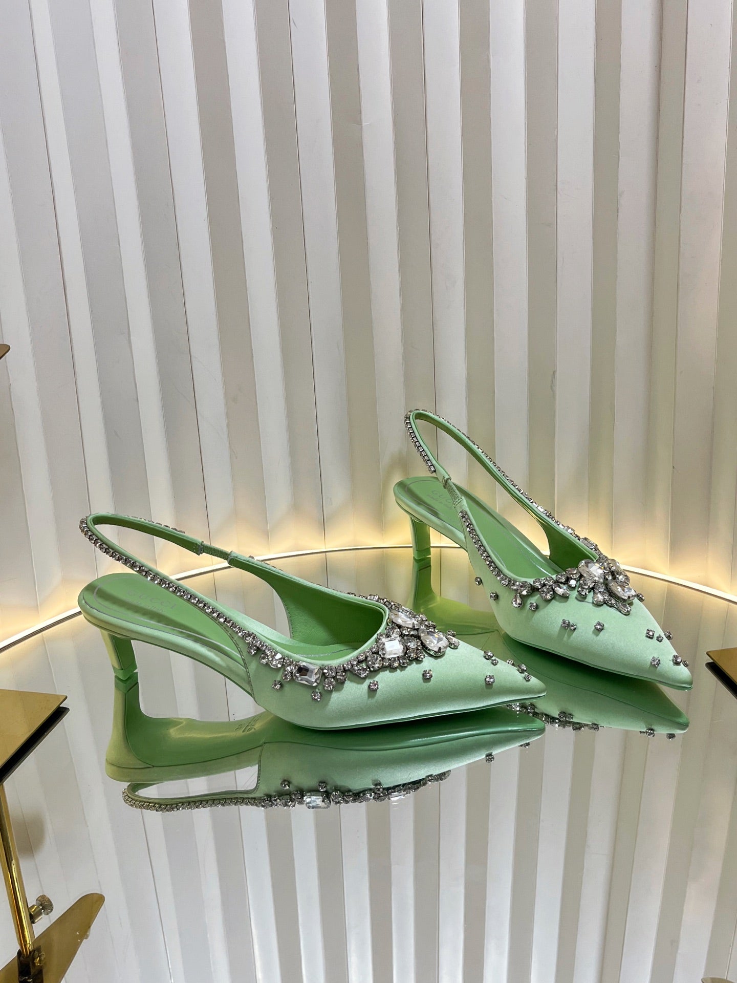 GC 2025 Crystal Embellished 55mm High Heels Slingbacks Green Silk Sheepskin 294528