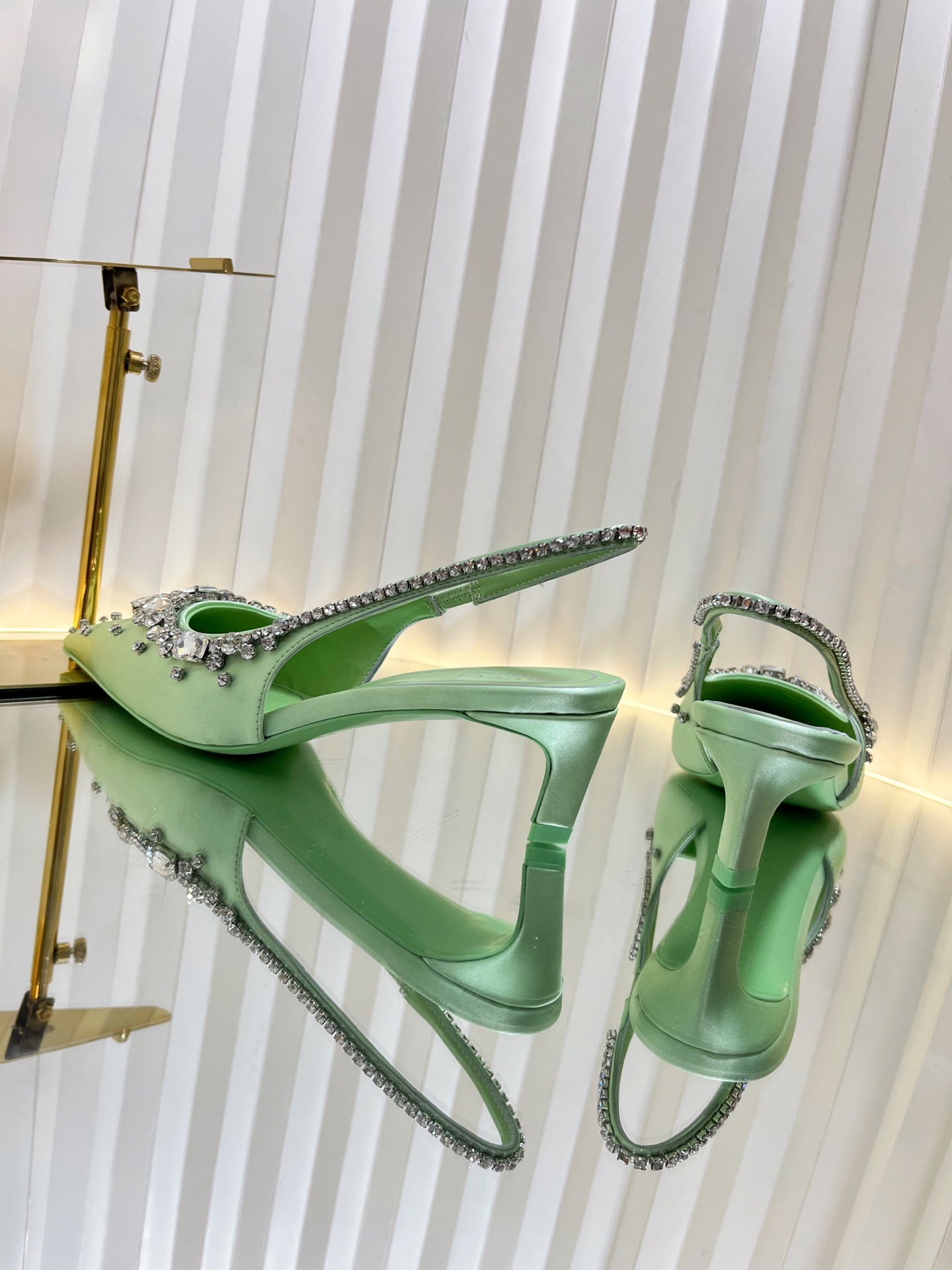 GC 2025 Crystal Embellished 55mm High Heels Slingbacks Green Silk Sheepskin 294528