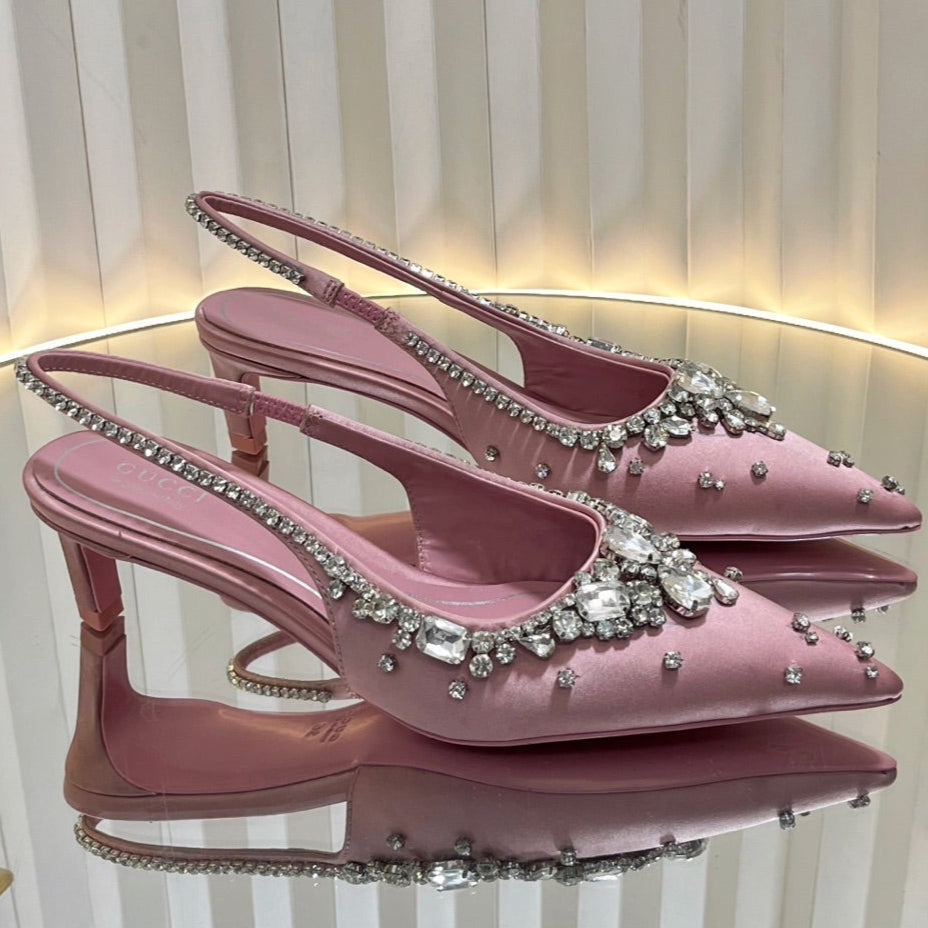 GC 2025 Crystal Embellished 55mm High Heels Slingbacks Pink Silk Sheepskin 294527