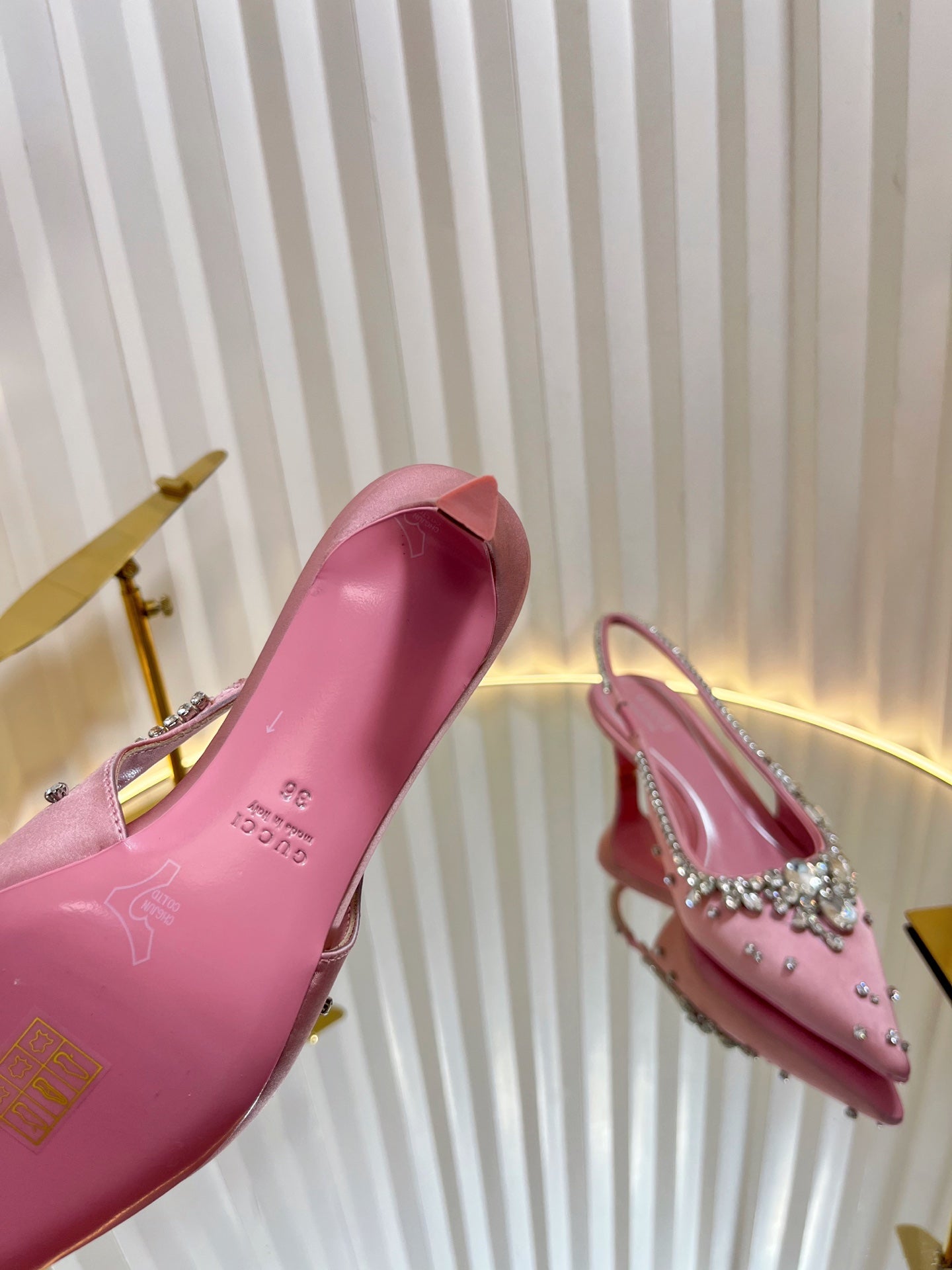 GC 2025 Crystal Embellished 55mm High Heels Slingbacks Pink Silk Sheepskin 294527