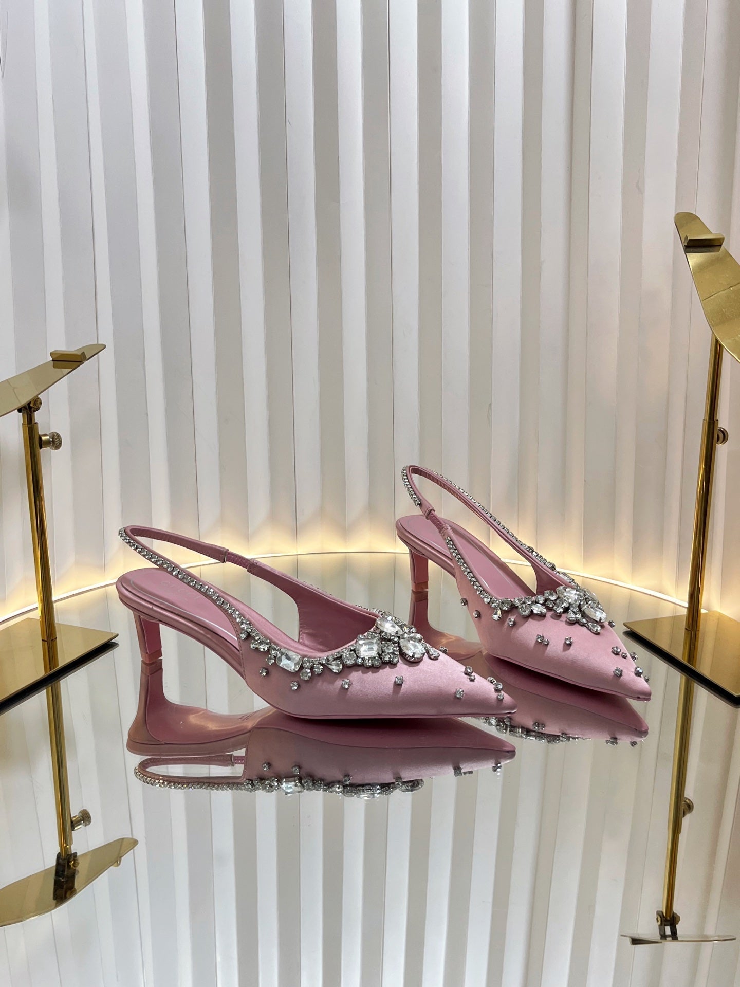 GC 2025 Crystal Embellished 55mm High Heels Slingbacks Pink Silk Sheepskin 294527