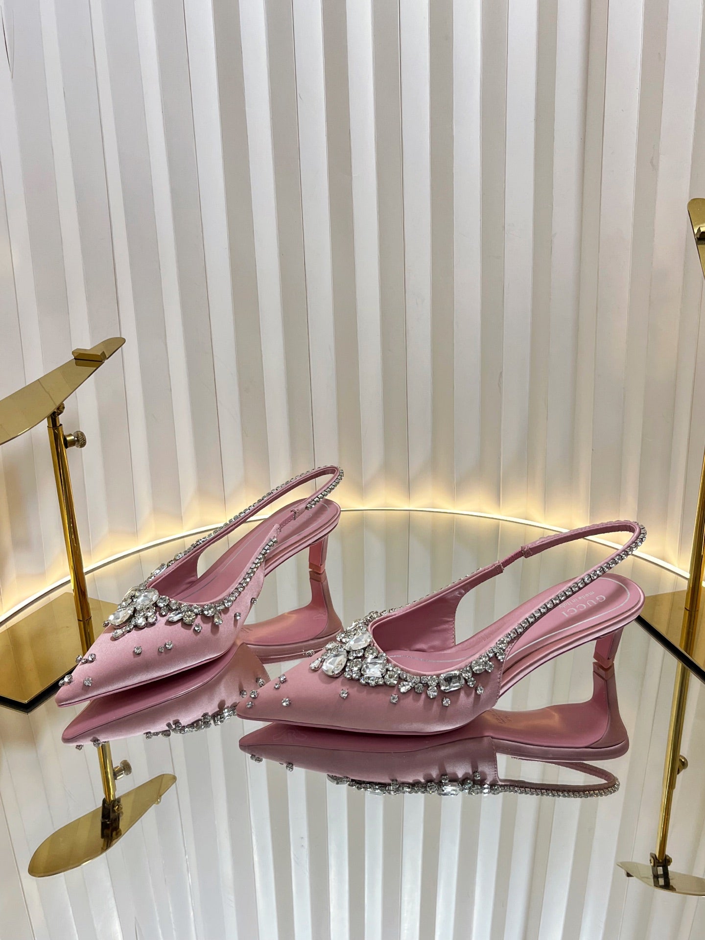 GC 2025 Crystal Embellished 55mm High Heels Slingbacks Pink Silk Sheepskin 294527