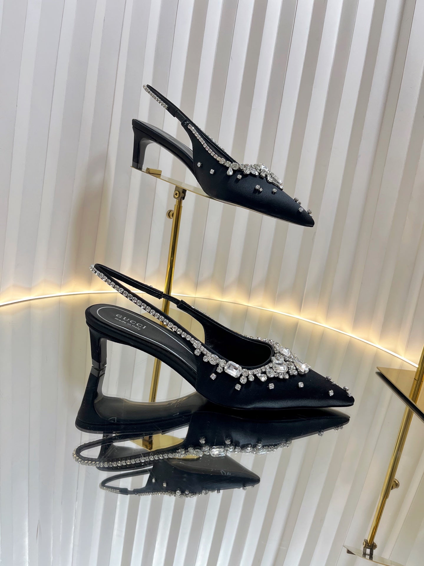 GC 2025 Crystal Embellished 55mm High Heels Slingbacks Black Silk Sheepskin 294526