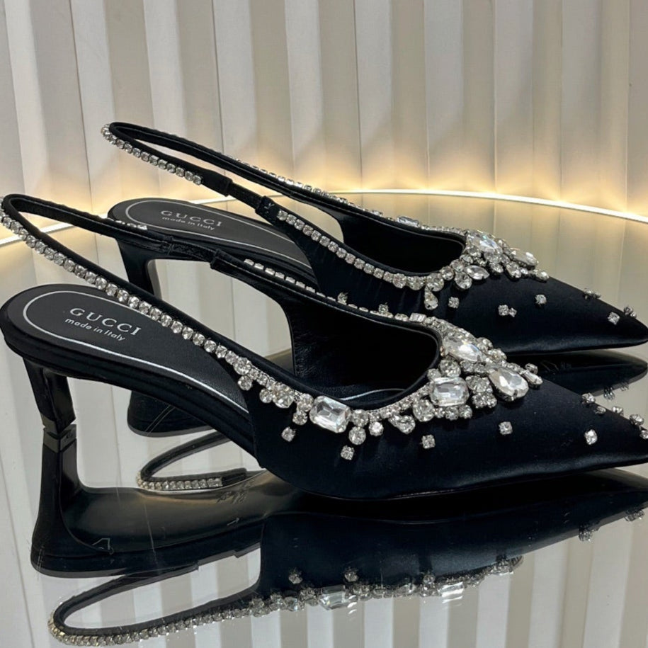 GC 2025 Crystal Embellished 55mm High Heels Slingbacks Black Silk Sheepskin 294526