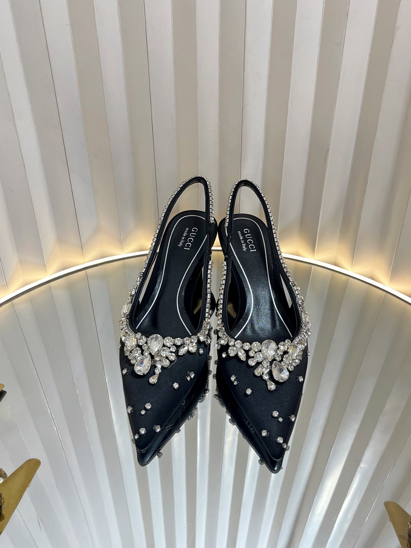 GC 2025 Crystal Embellished 55mm High Heels Slingbacks Black Silk Sheepskin 294526