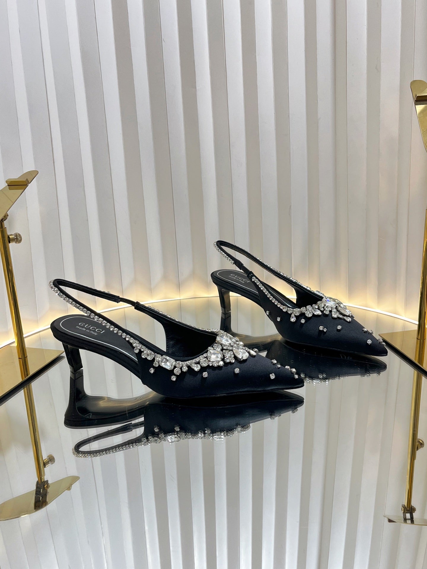 GC 2025 Crystal Embellished 55mm High Heels Slingbacks Black Silk Sheepskin 294526