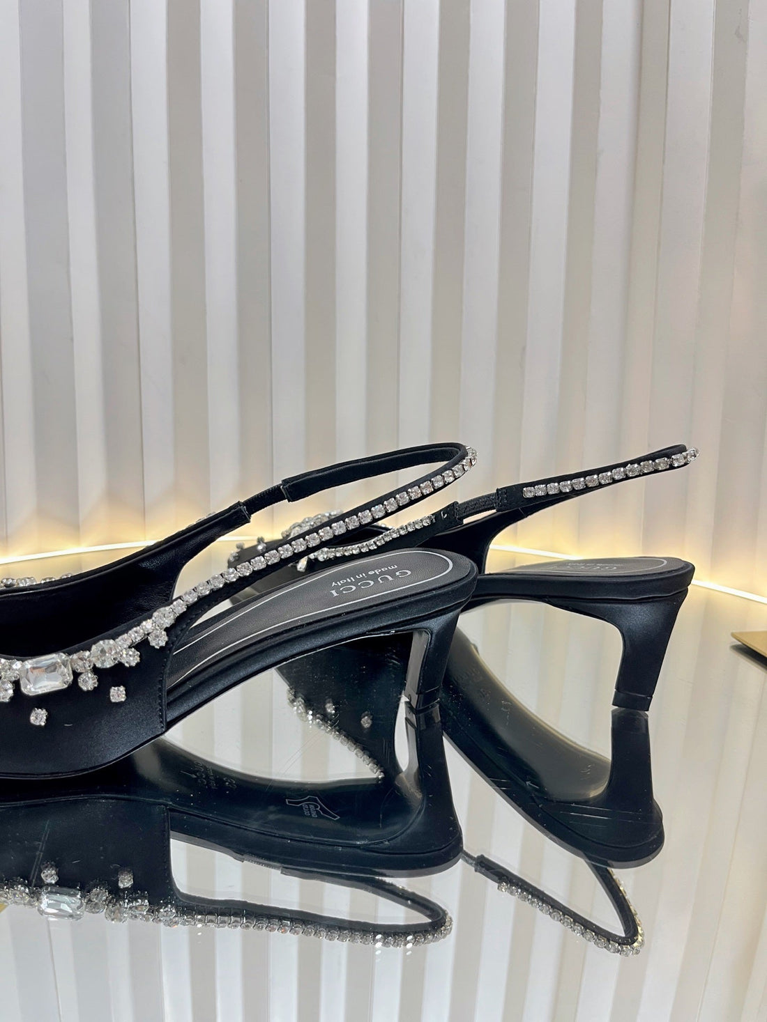 GC 2025 Crystal Embellished 55mm High Heels Slingbacks Black Silk Sheepskin 294526