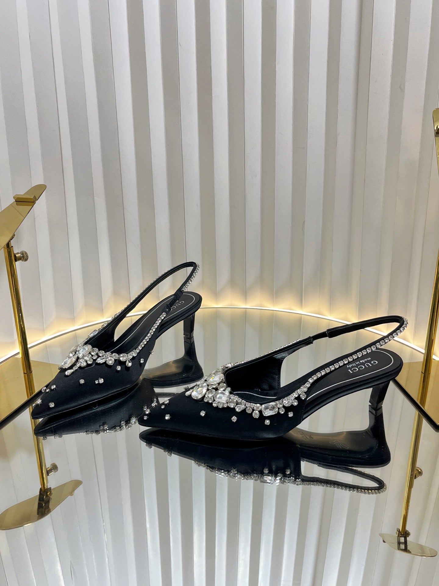 GC 2025 Crystal Embellished 55mm High Heels Slingbacks Black Silk Sheepskin 294526