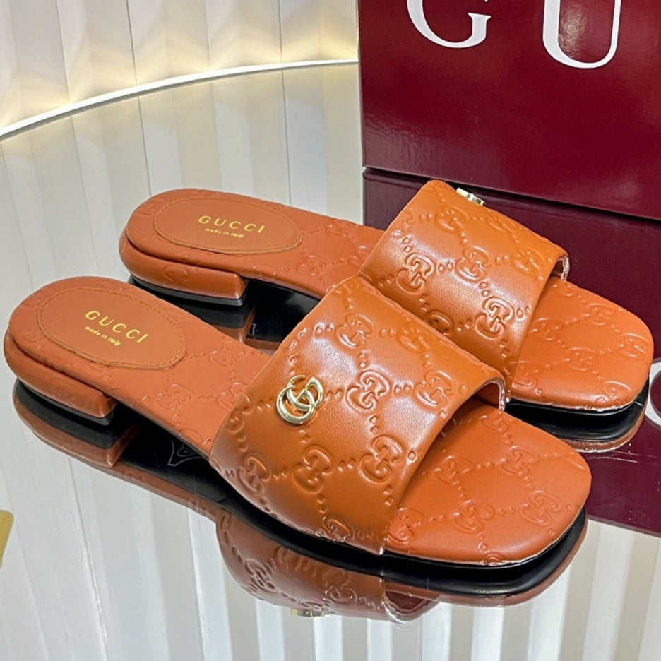 GC Double G Slide Sandals Brown Embossed Leather 294631