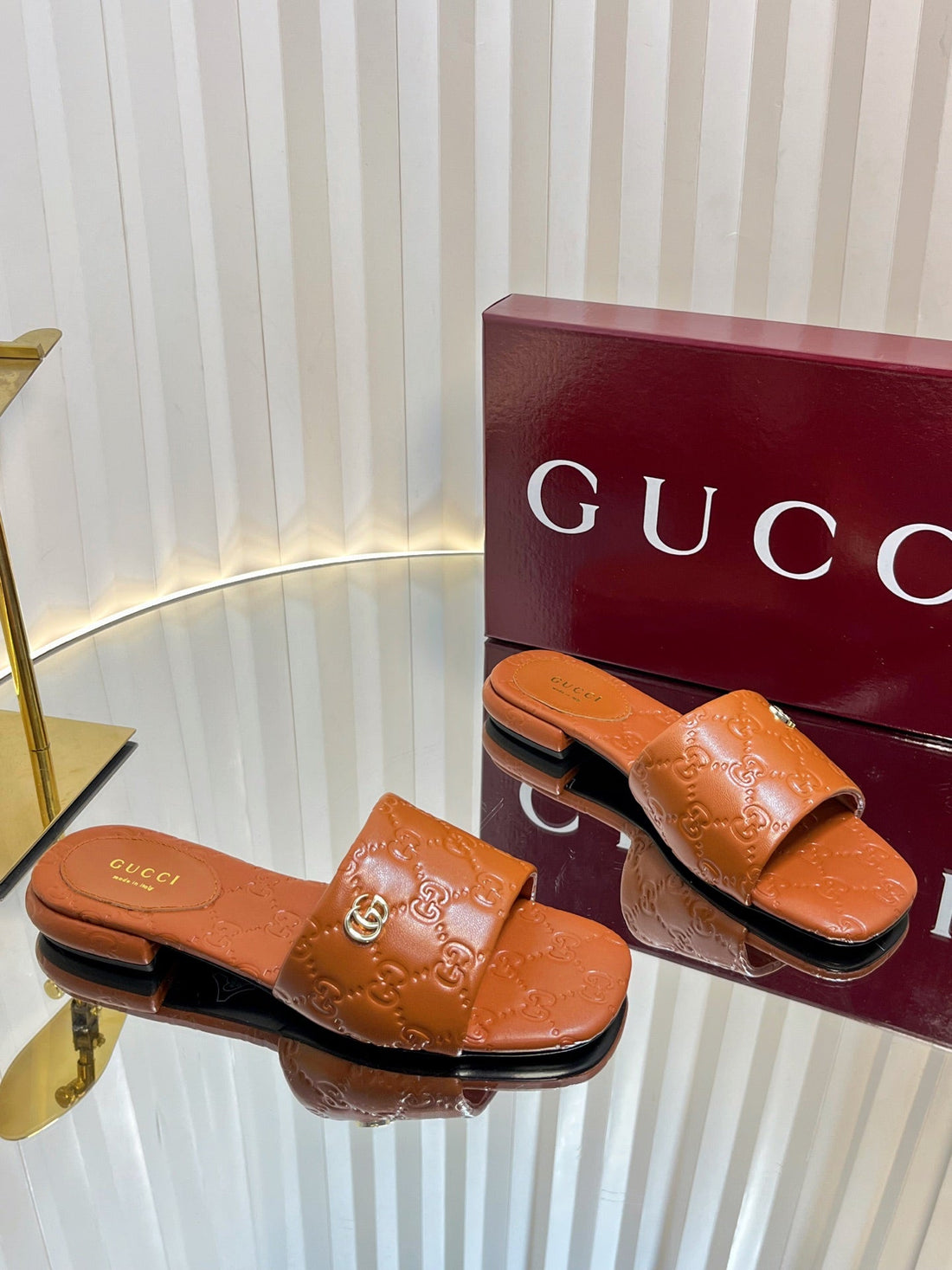 GC Double G Slide Sandals Brown Embossed Leather 294631