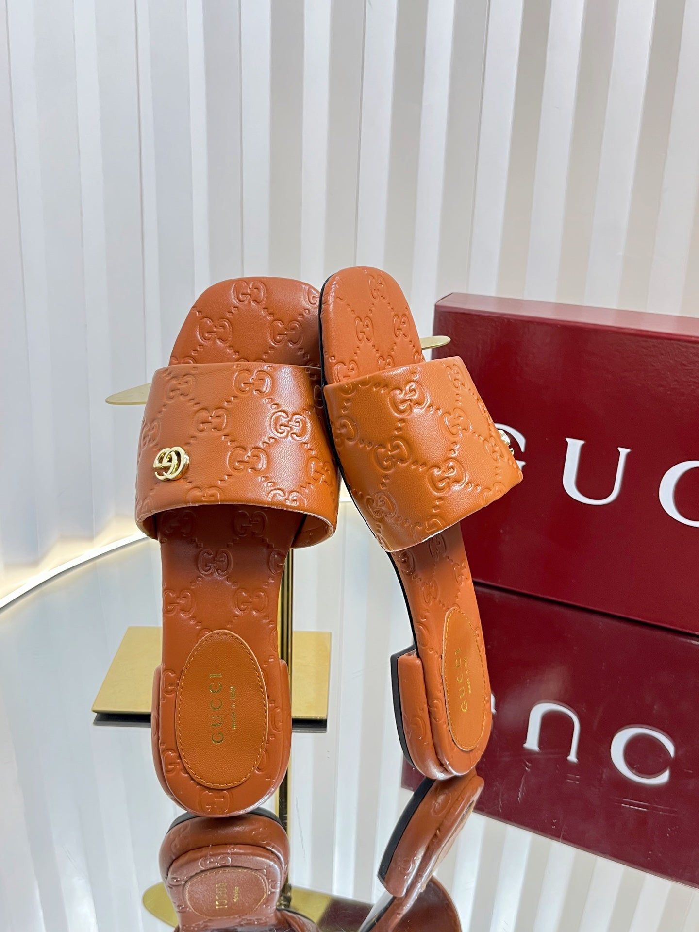 GC Double G Slide Sandals Brown Embossed Leather 294631