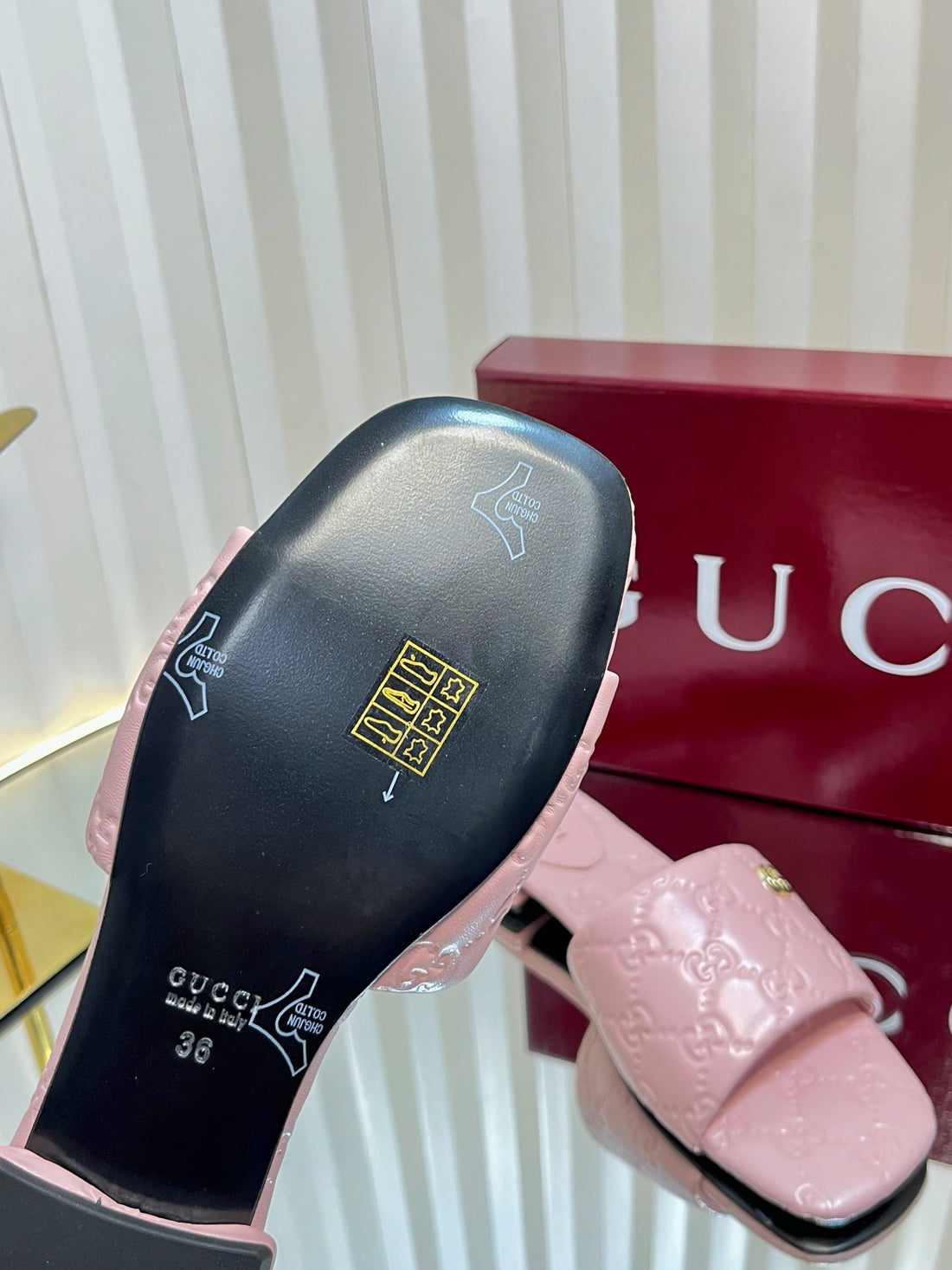 GC Double G Slide Sandals Pink Embossed Leather 294633