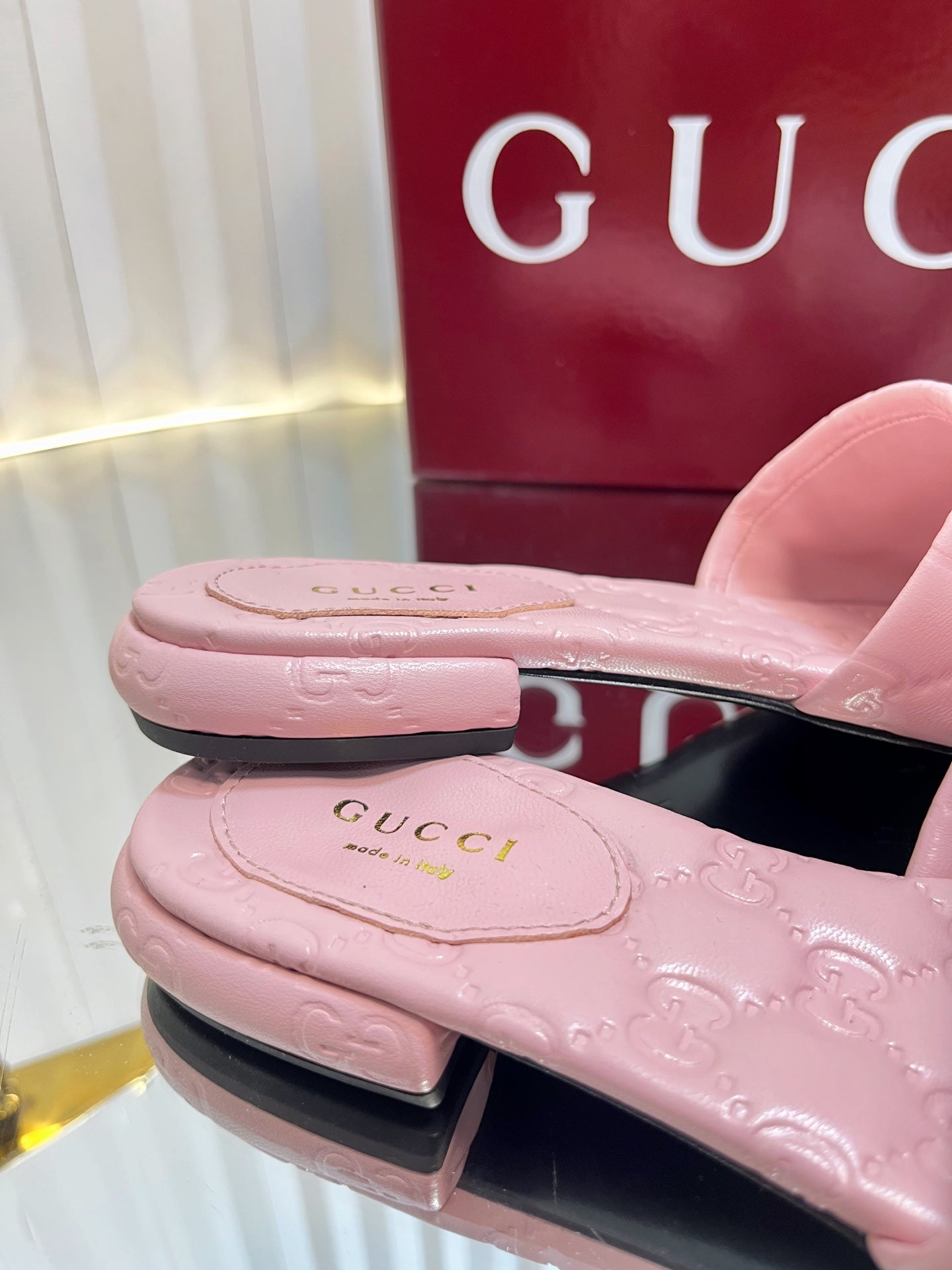 GC Double G Slide Sandals Pink Embossed Leather 294633