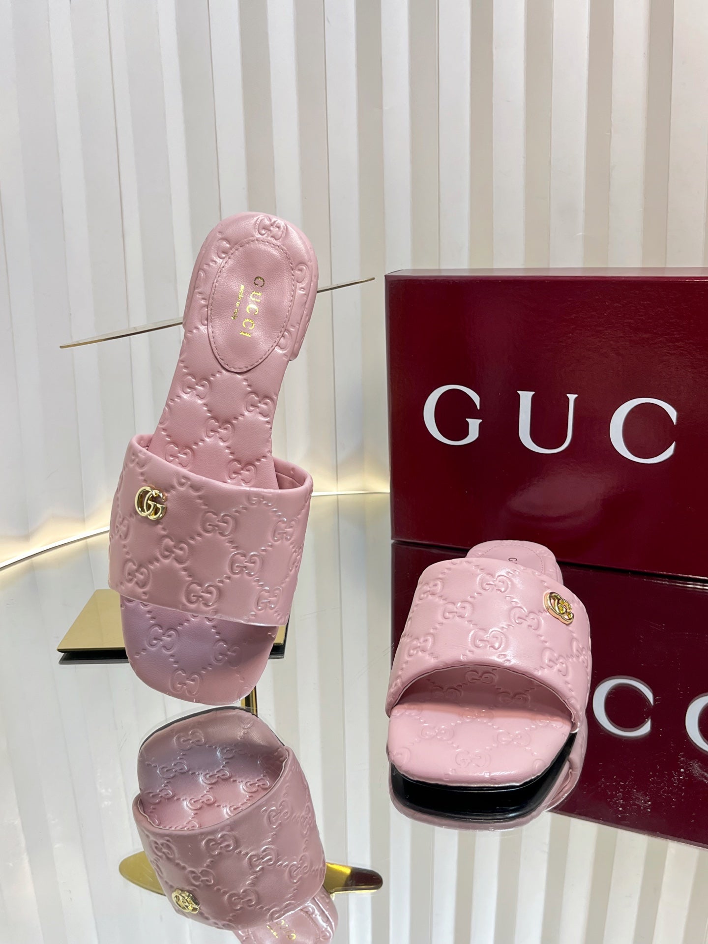 GC Double G Slide Sandals Pink Embossed Leather 294633