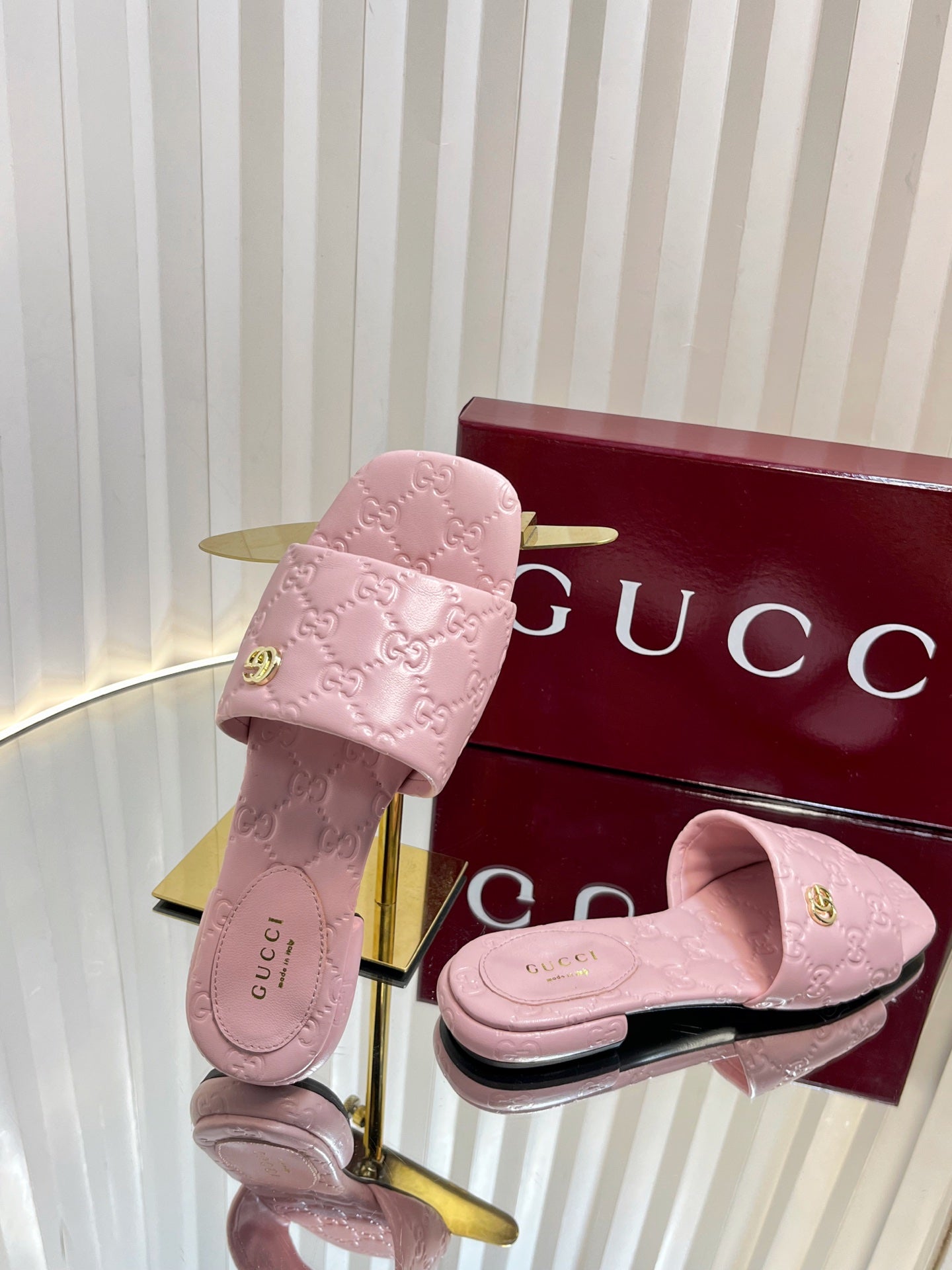 GC Double G Slide Sandals Pink Embossed Leather 294633