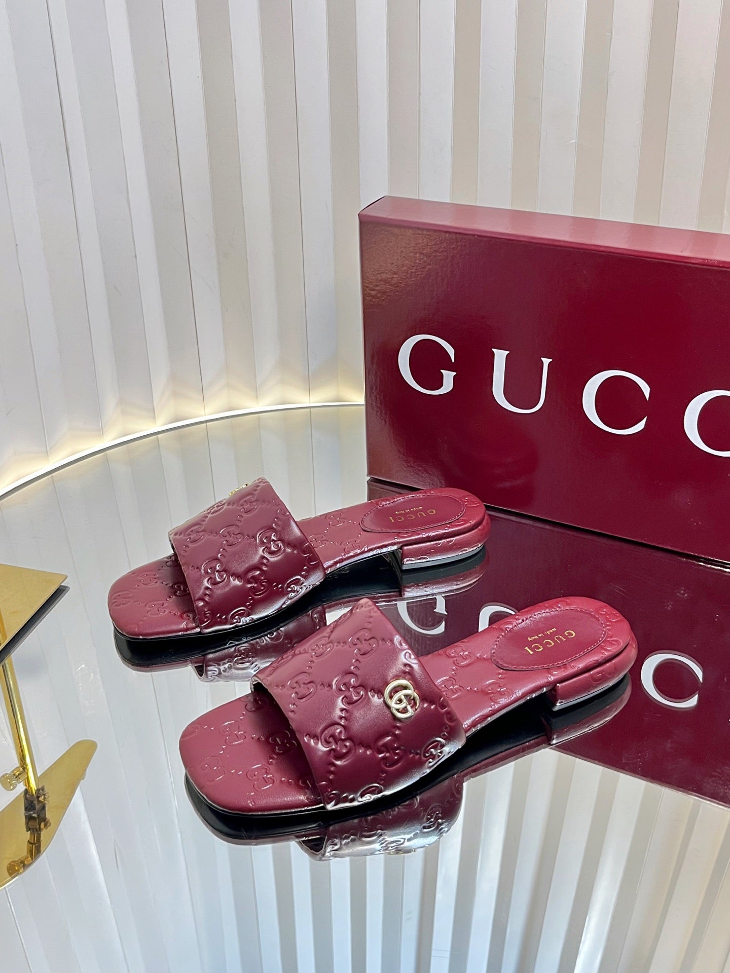 GC Double G Slide Sandals Rosso Ancora Red Embossed Leather 294634