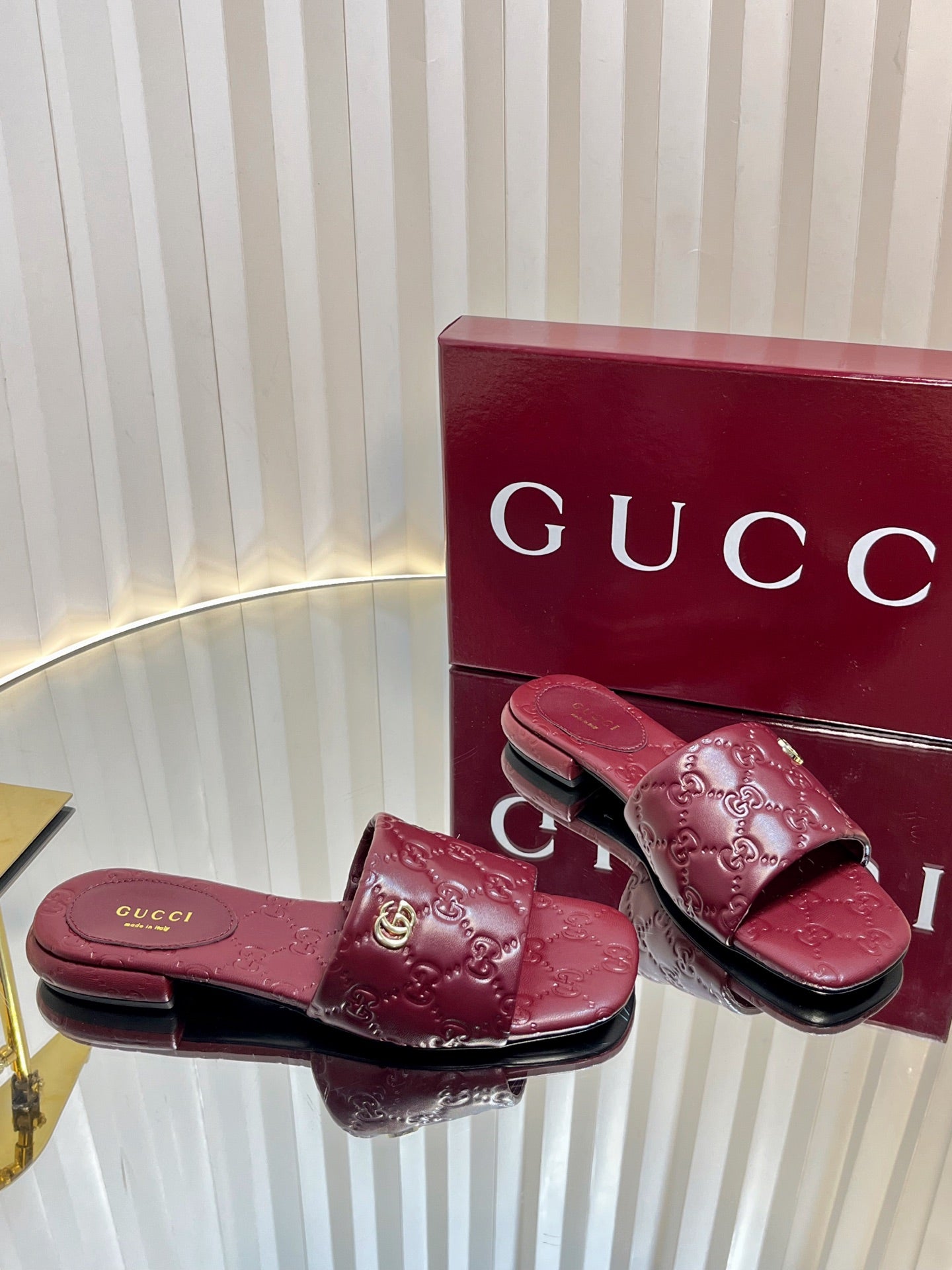 GC Double G Slide Sandals Rosso Ancora Red Embossed Leather 294634