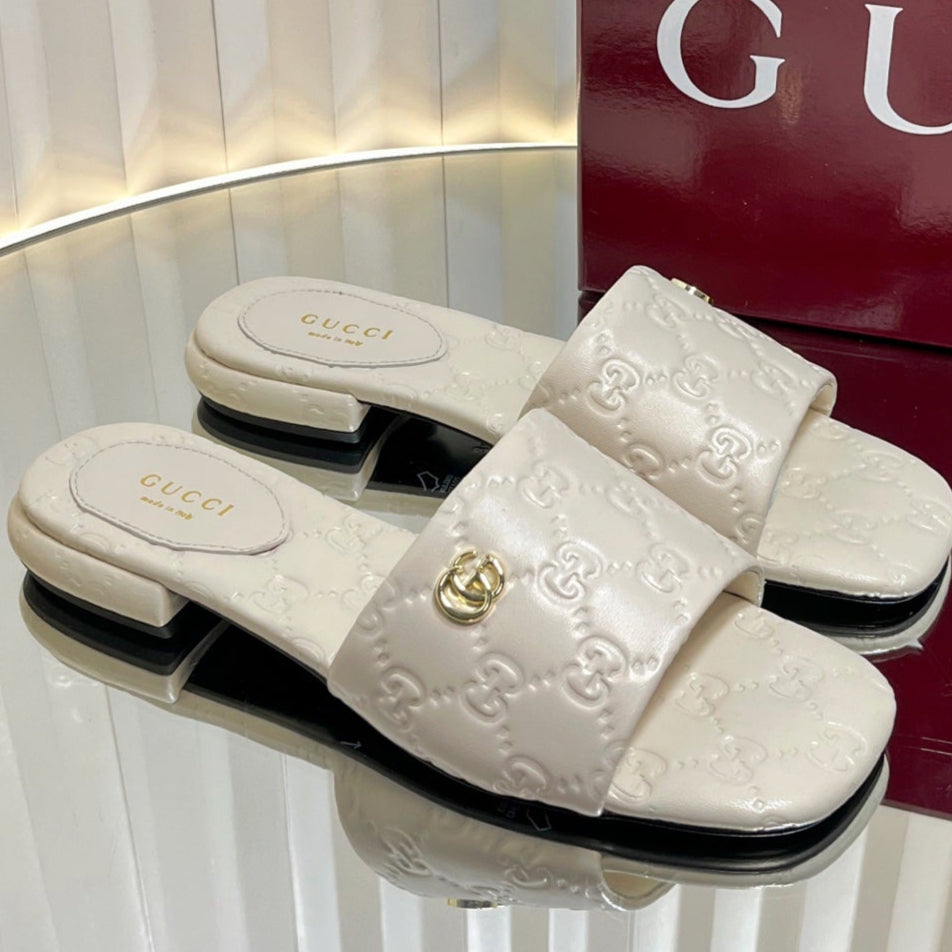 GC Double G Slide Sandals White Embossed Leather 294635