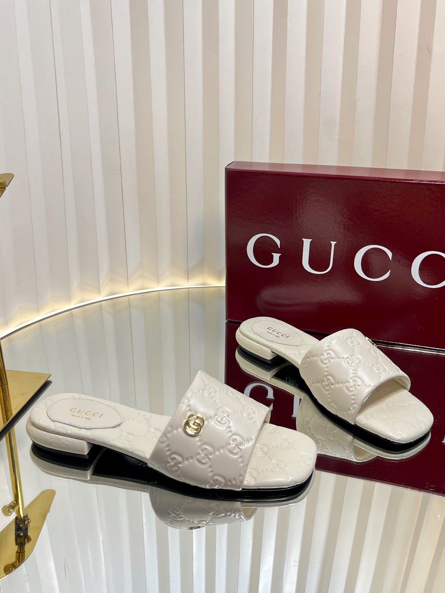 GC Double G Slide Sandals White Embossed Leather 294635