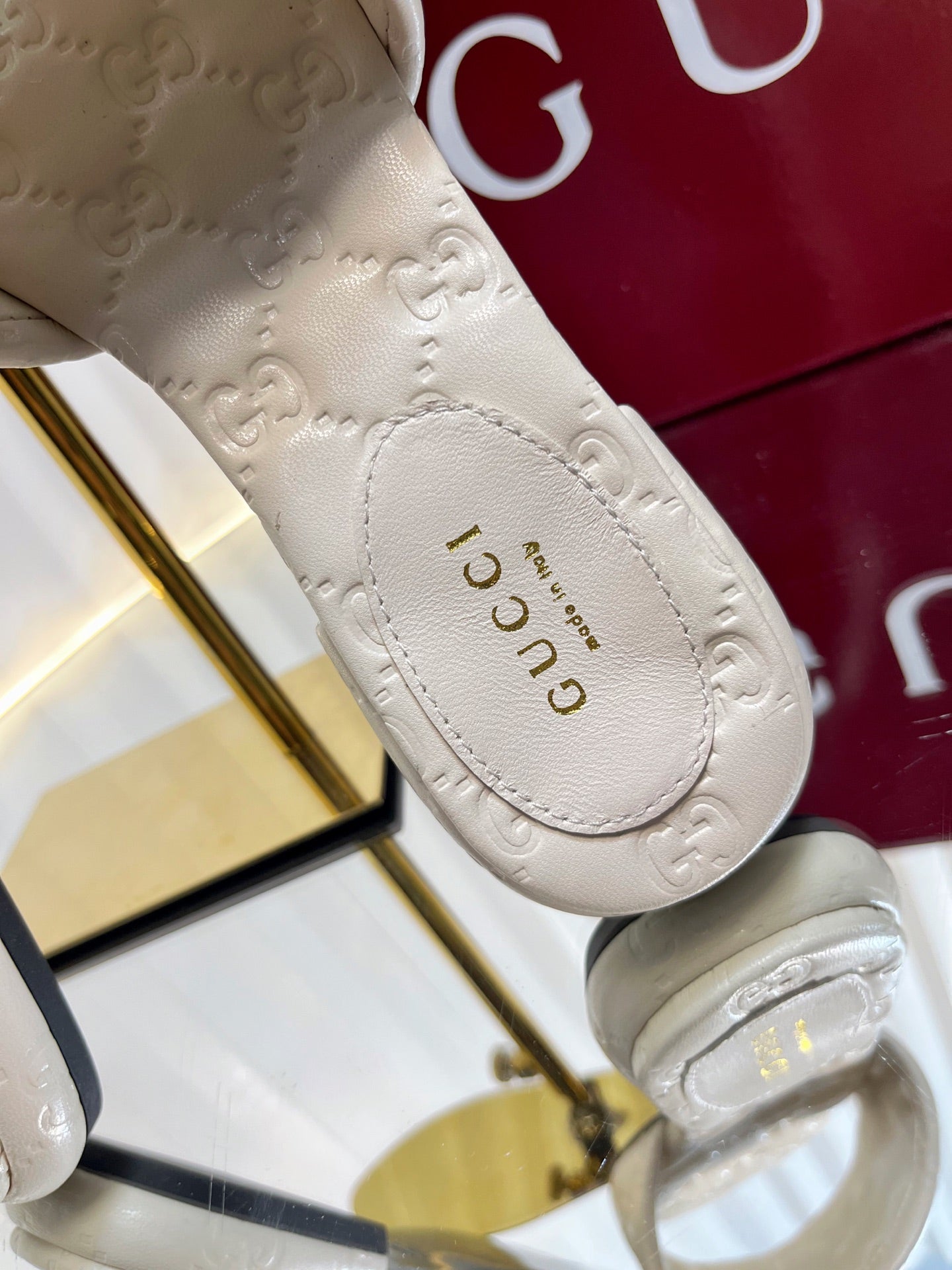 GC Double G Slide Sandals White Embossed Leather 294635