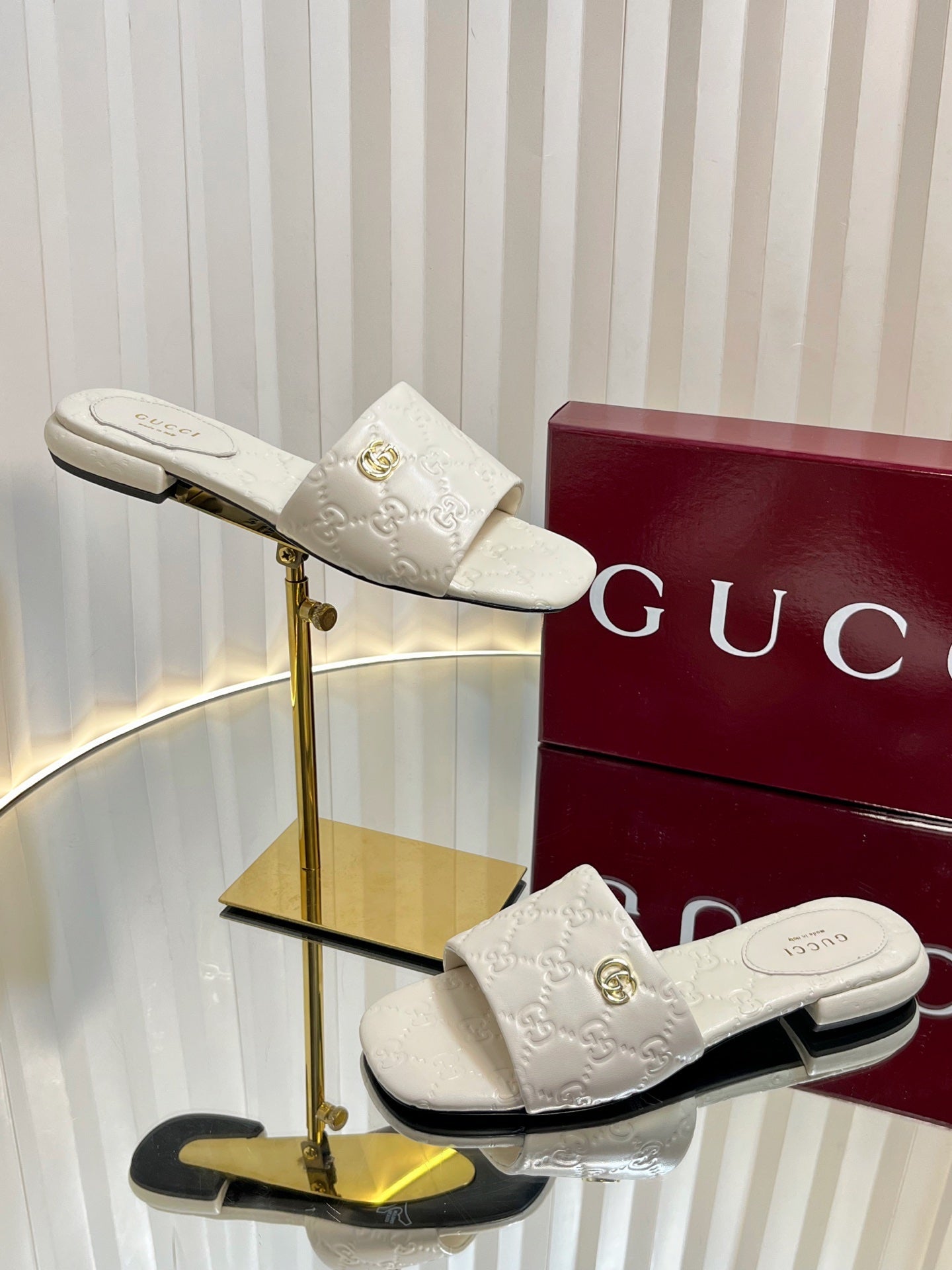 GC Double G Slide Sandals White Embossed Leather 294635