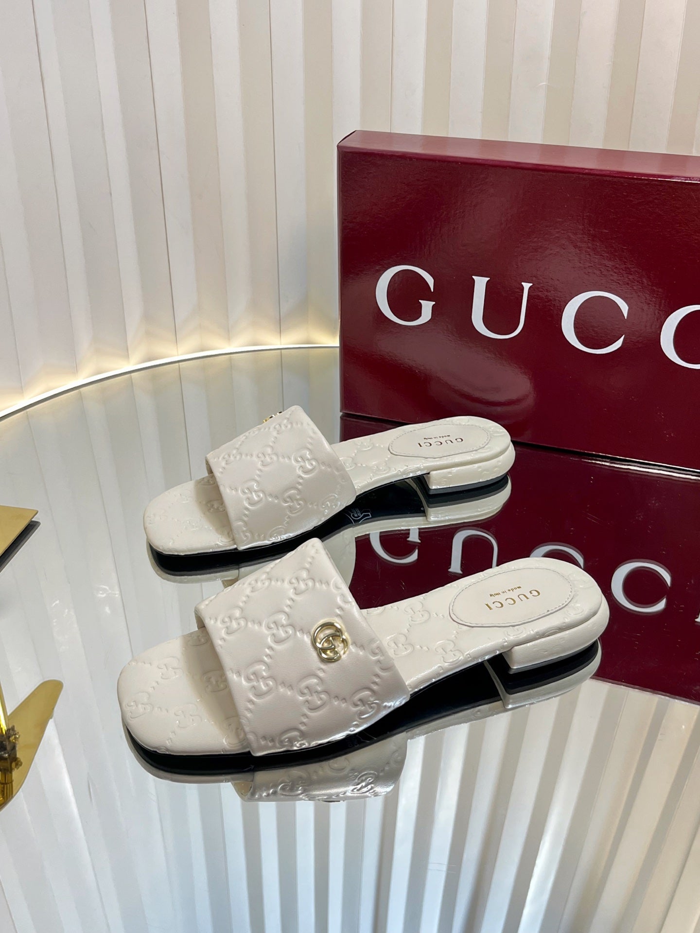 GC Double G Slide Sandals White Embossed Leather 294635