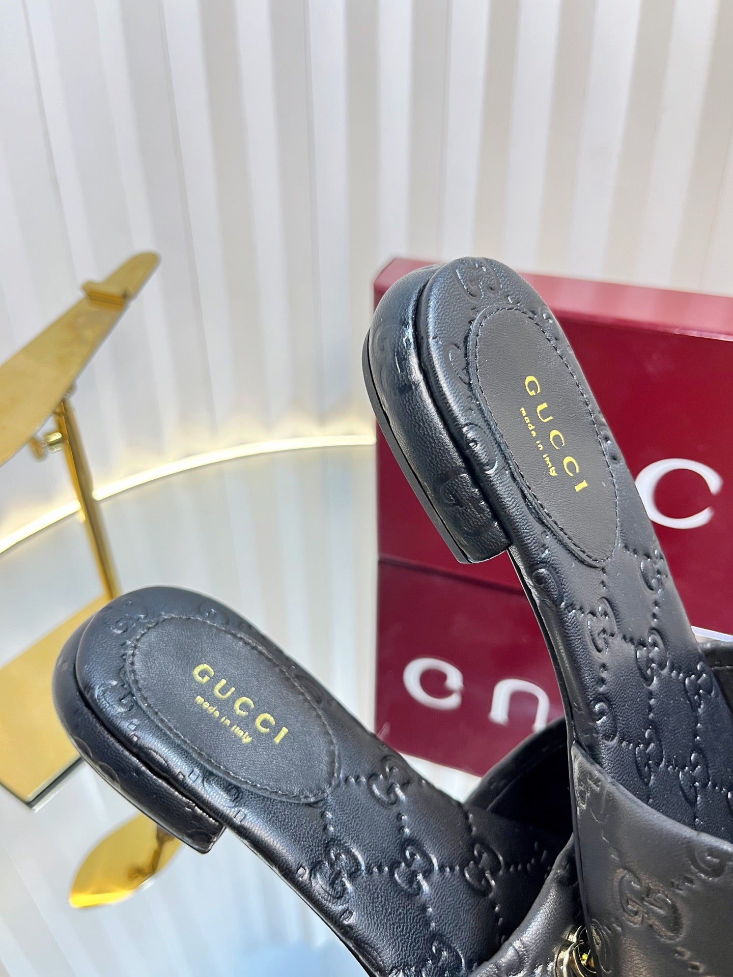 GC Double G Slide Sandals Black Embossed Leather 294636