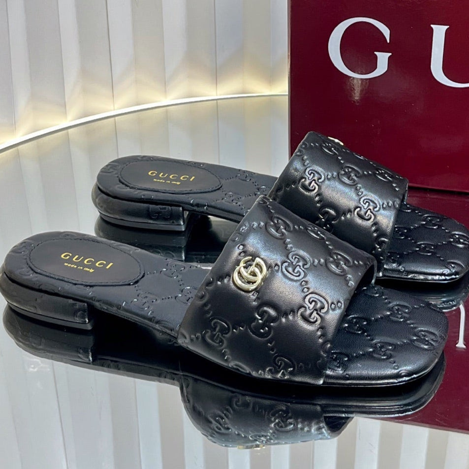 GC Double G Slide Sandals Black Embossed Leather 294636