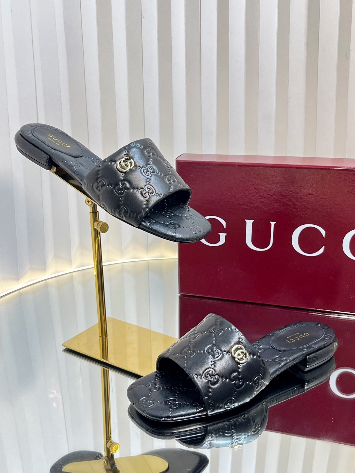 GC Double G Slide Sandals Black Embossed Leather 294636