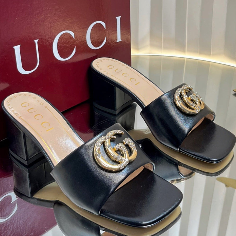 GC 25 Interlocking G Heeled Sandal Black Patent Leather 294642