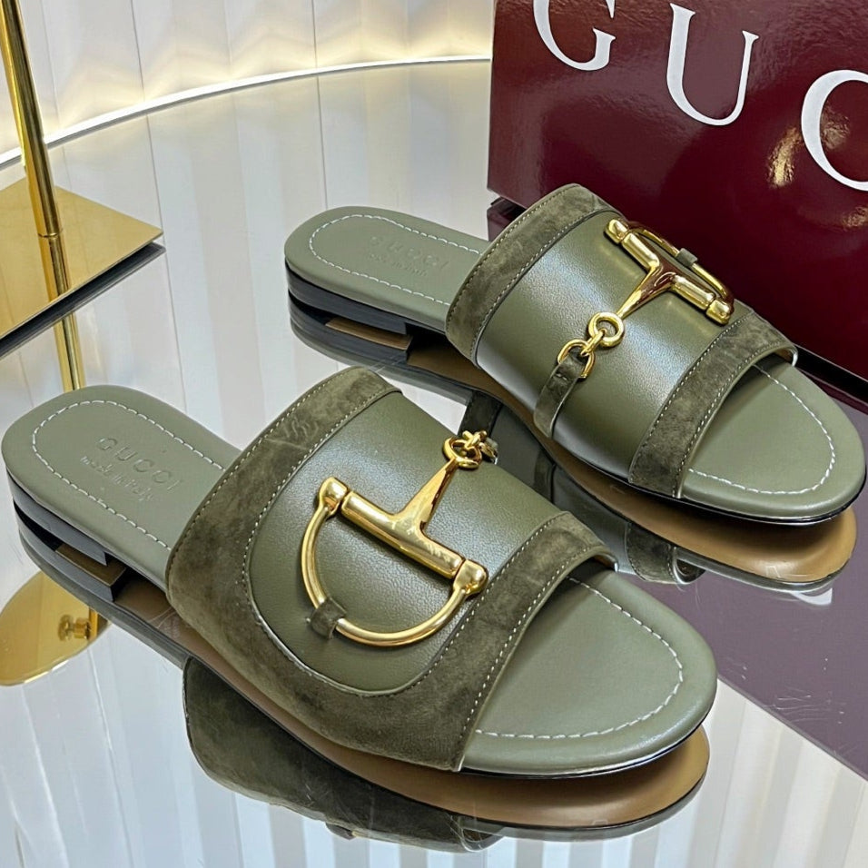 GC 25 Horsebit Sandals 10mm Dark Green Suede Sheepskin 294651