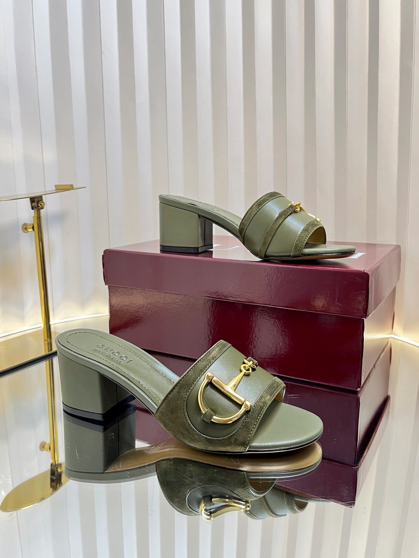 GC 25 Horsebit Sandals 50mm Dark Green Suede Sheepskin 294655