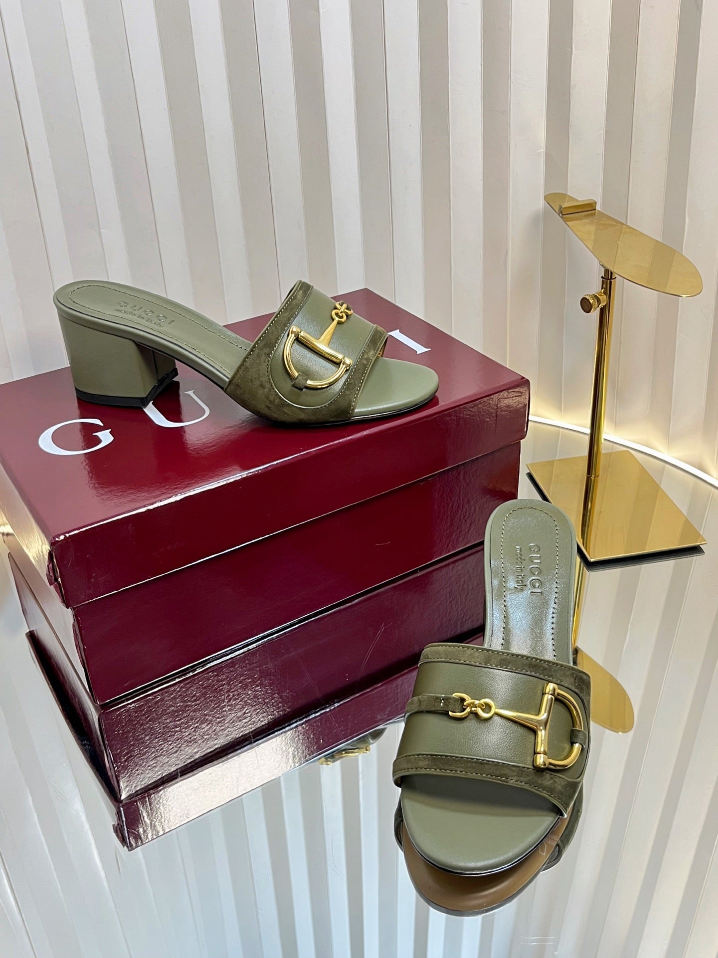 GC 25 Horsebit Sandals 50mm Dark Green Suede Sheepskin 294655