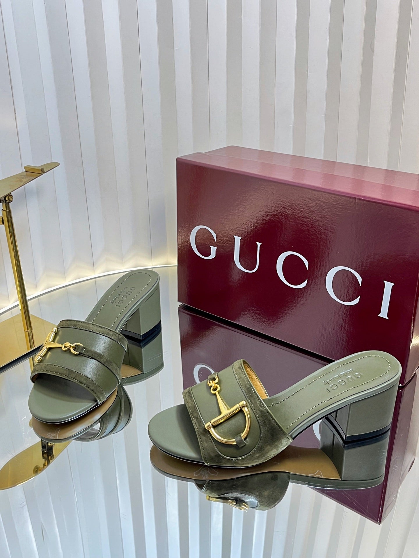 GC 25 Horsebit Sandals 50mm Dark Green Suede Sheepskin 294655