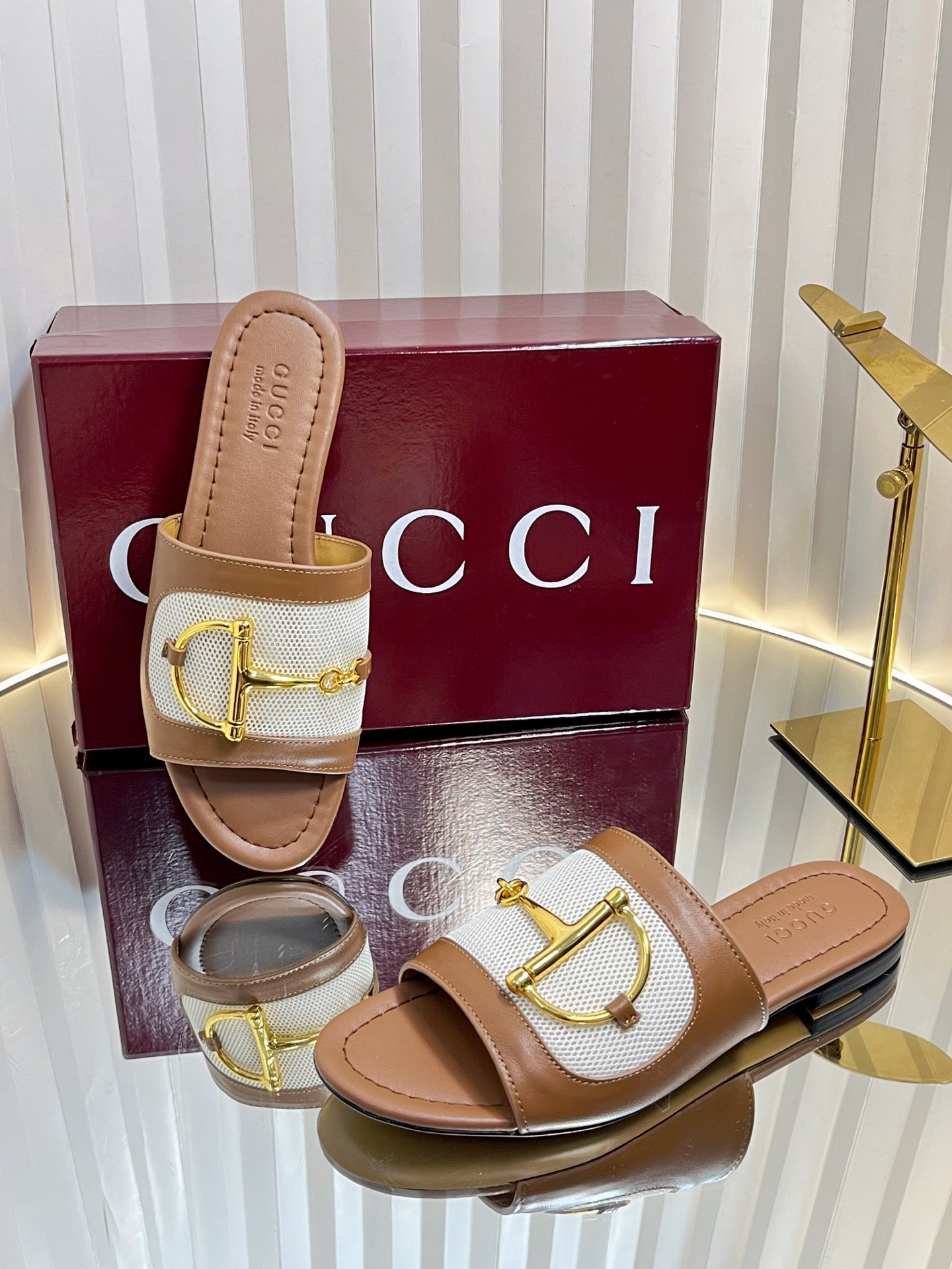 GC 25 Horsebit GG Sandals Brown Canvas Sheepskin 294662