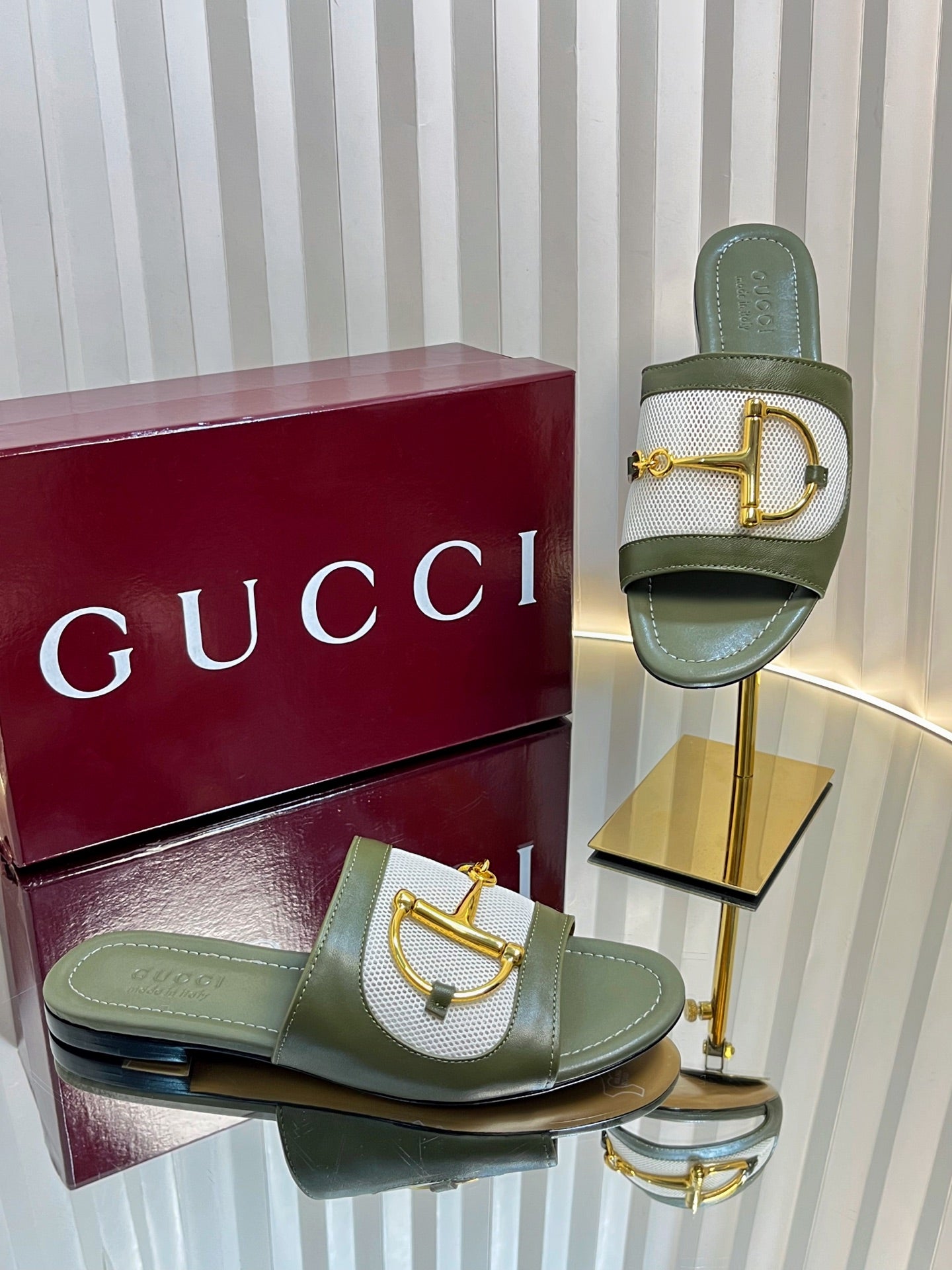 GC 25 Horsebit GG Sandals Dark Green Canvas Sheepskin 294663