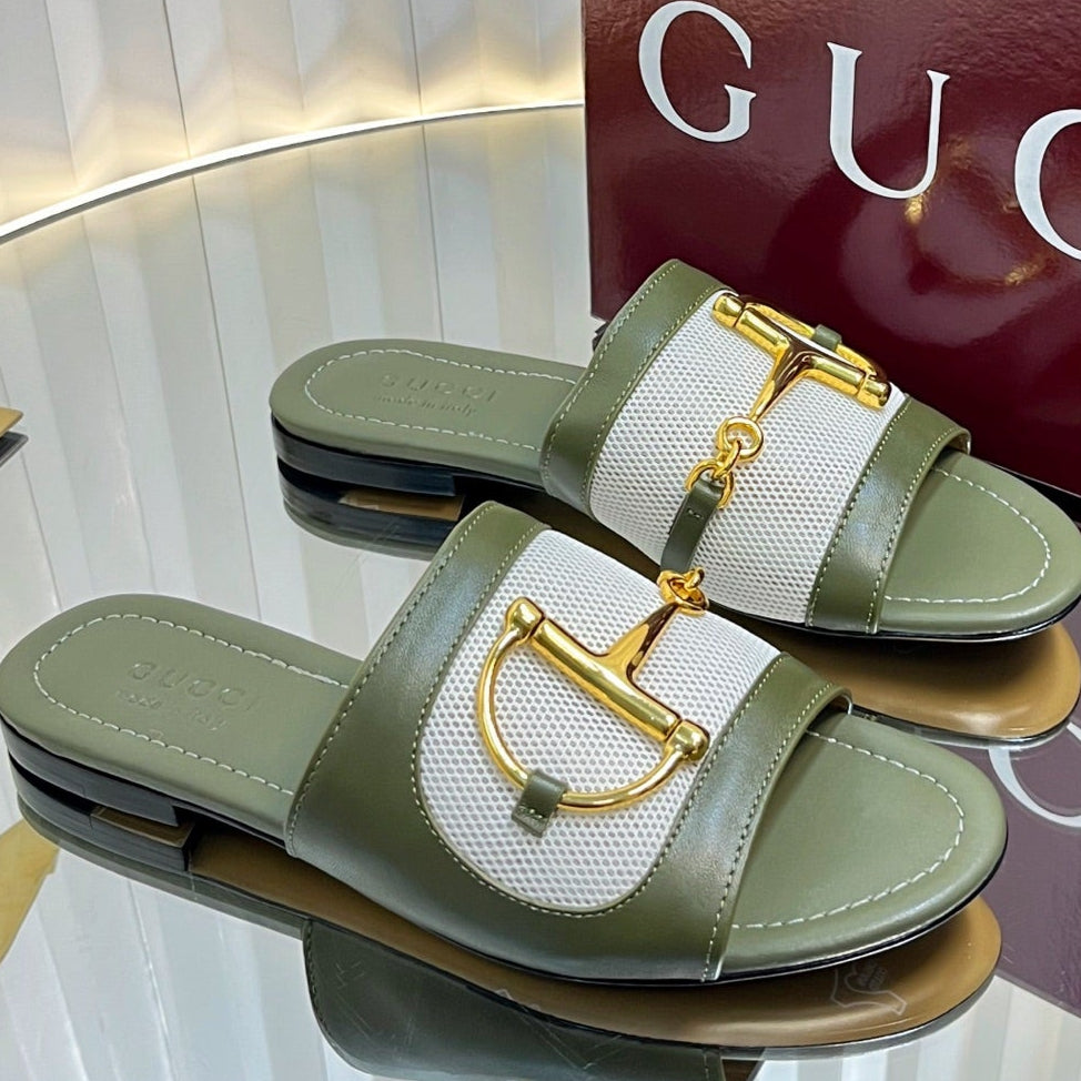 GC 25 Horsebit GG Sandals Dark Green Canvas Sheepskin 294663