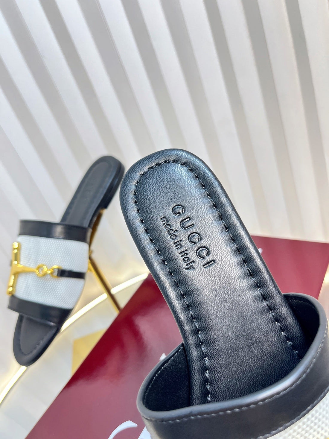 GC 25 Horsebit GG Sandals Black Canvas Sheepskin 294664