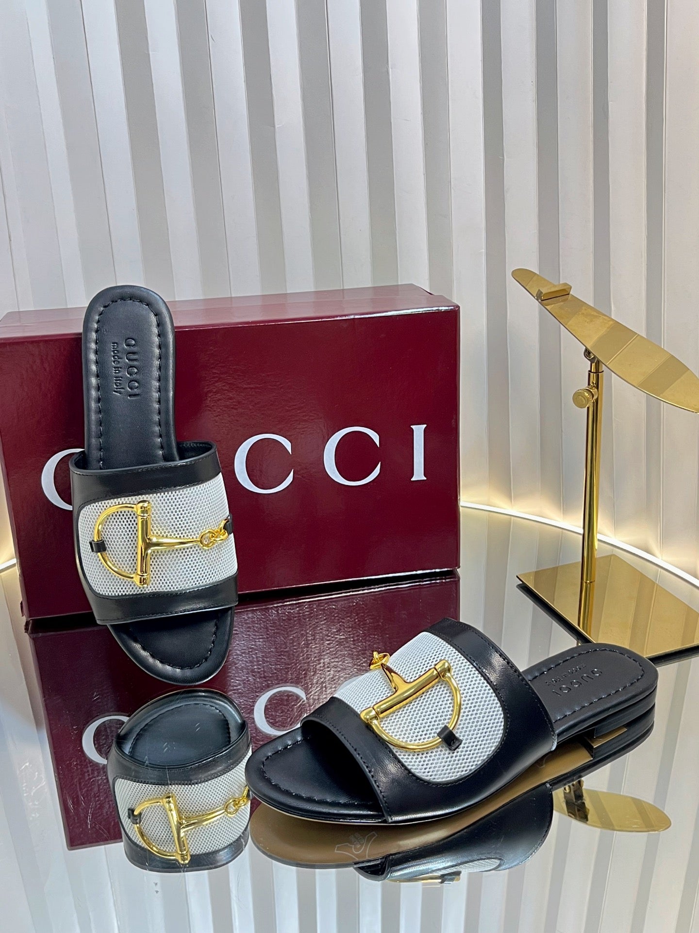 GC 25 Horsebit GG Sandals Black Canvas Sheepskin 294664