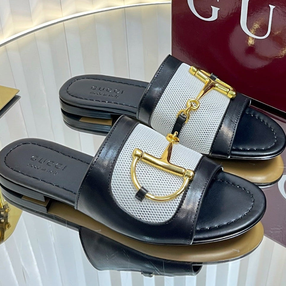 GC 25 Horsebit GG Sandals Black Canvas Sheepskin 294664