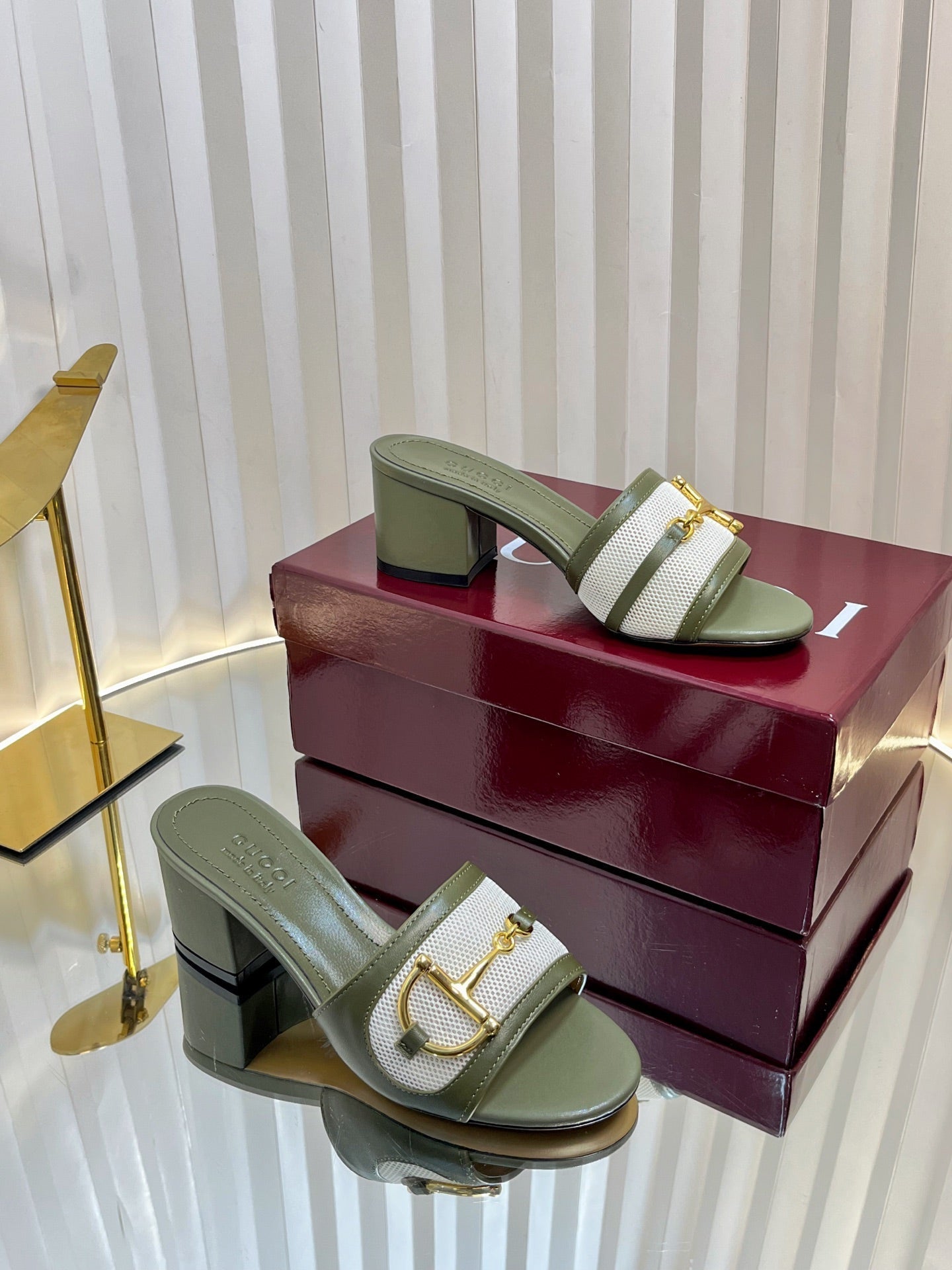 GC 25 Horsebit GG 50mm Sandals Dark Green Canvas Sheepskin 294667