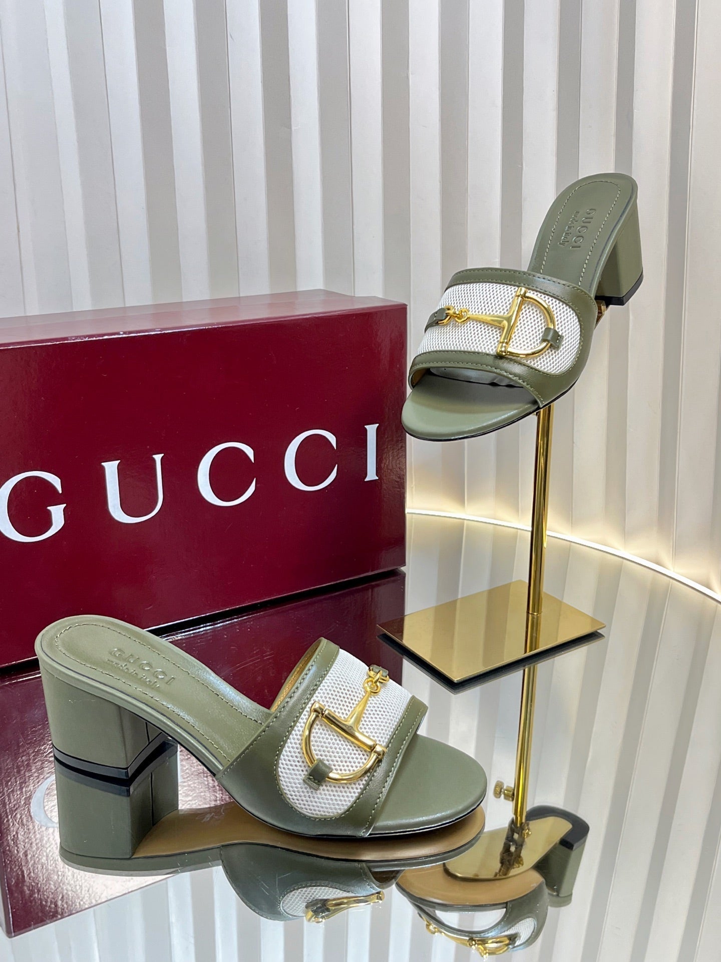 GC 25 Horsebit GG 50mm Sandals Dark Green Canvas Sheepskin 294667