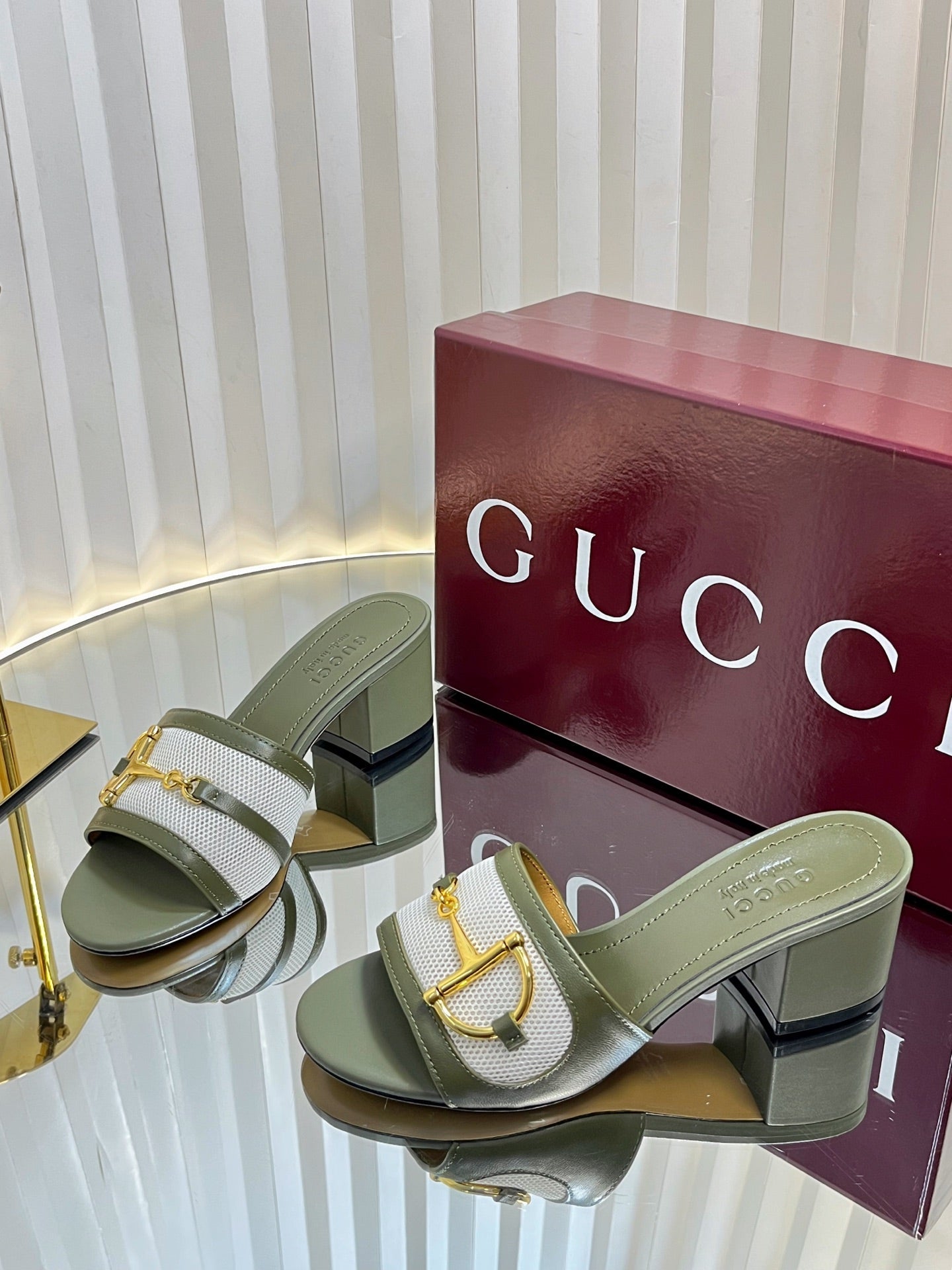 GC 25 Horsebit GG 50mm Sandals Dark Green Canvas Sheepskin 294667