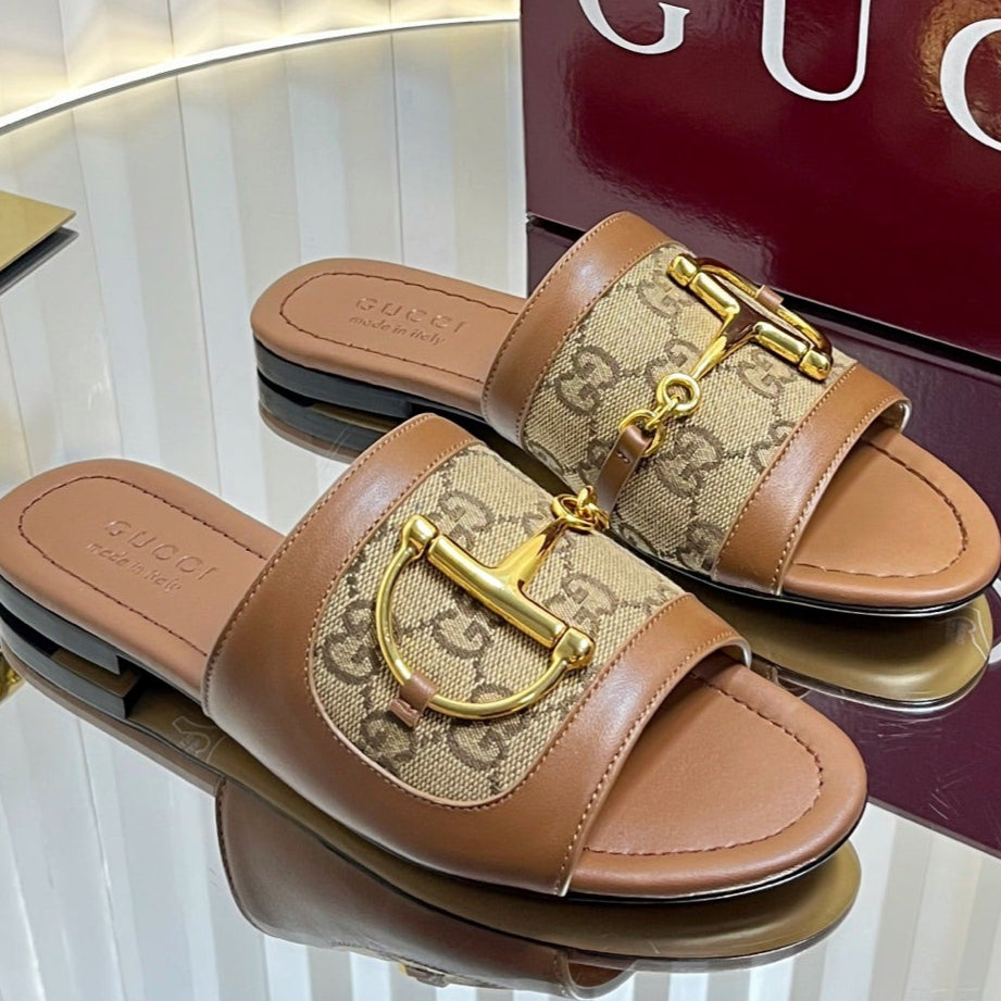 GC 25 Horsebit GG Sandals Brown Canvas 294674